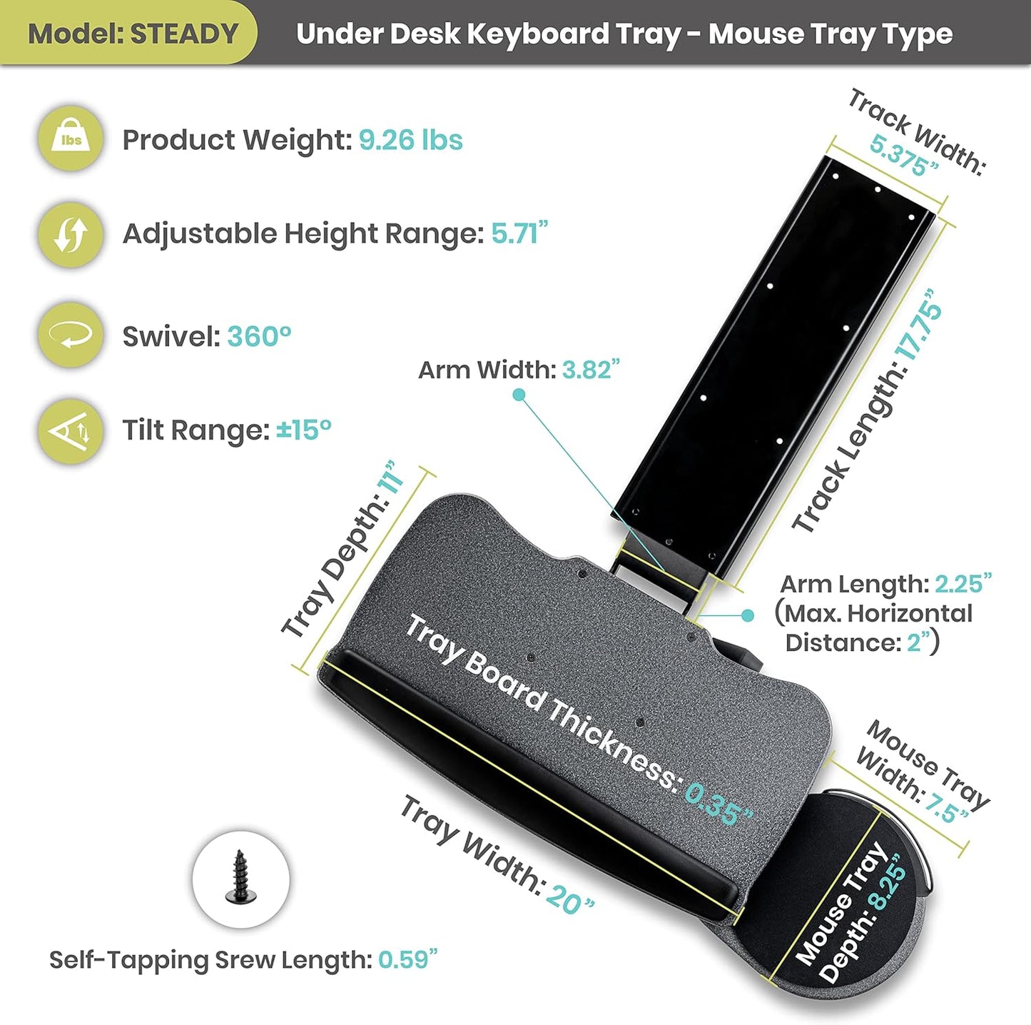 Under Desk Keyboard Tray, 20" x 11" Tray, 17.75" Track, One Knob Control, Undermount Sliding Computer Keyboard and Mouse Tray with Wrist Rest, Swivels 360° with Adjustable Height and ±15° Tilt