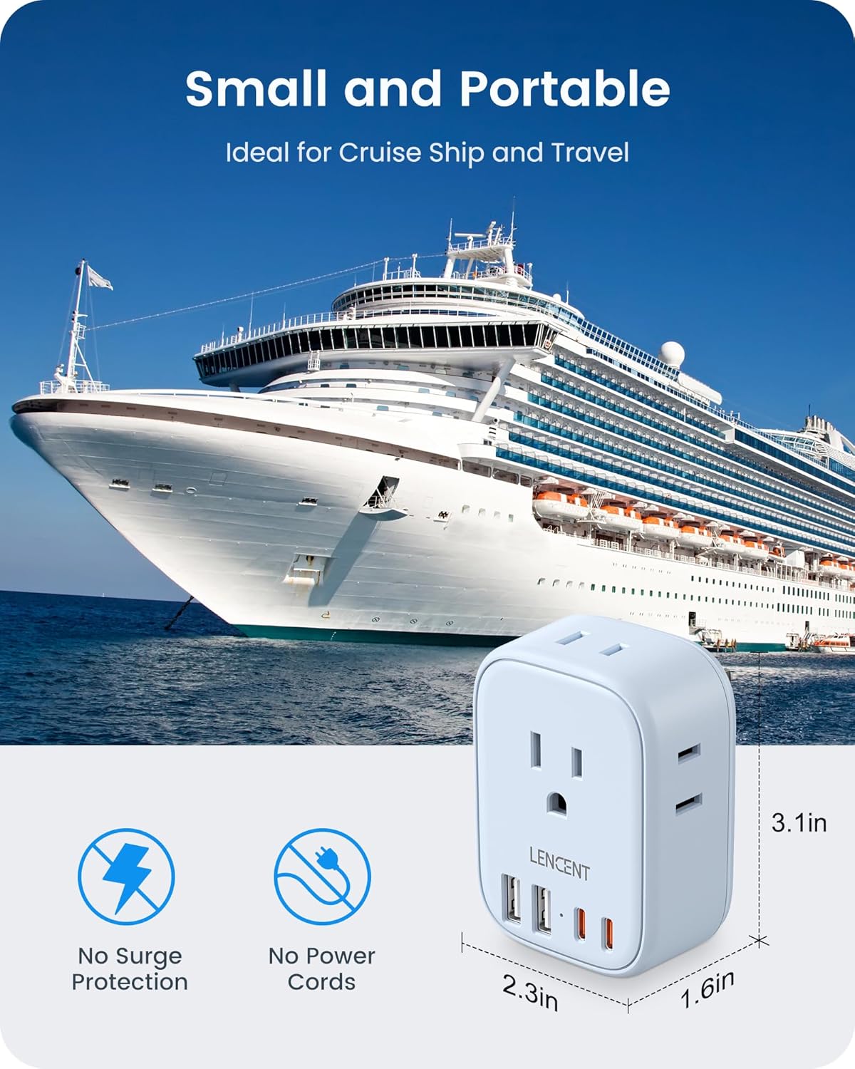 LENCENT Multi Plug Outlet Extender with USB C, 4 AC Electrical Outlet Expander with 4 USB Charger Cube, Small Multiple Wall Tap Plug Splitter for Home Office Travel Cruise Dorm Essentials- Blue