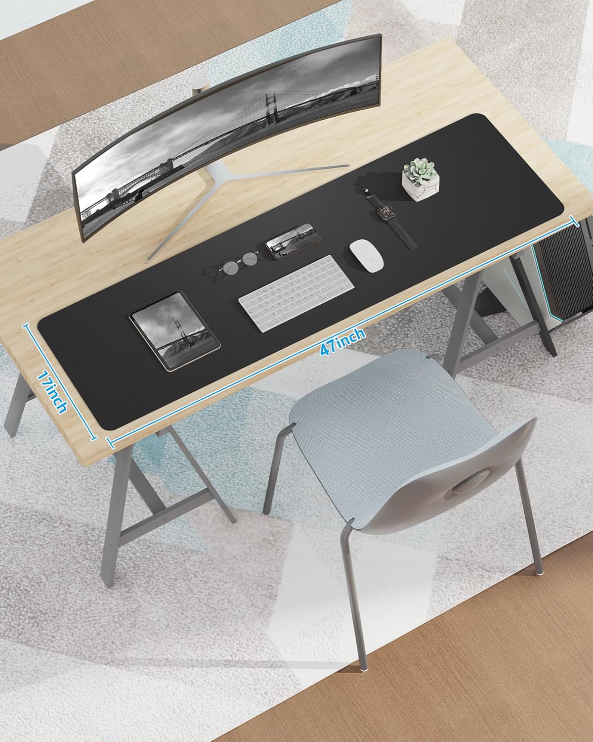 Large Desk pad mat,Mouse Pad,Office Desk Mat, Non-Slip PU Leather Desk Blotter,Large Desk pad,Waterproof Keyboard mat for Office/Home/Decor (Black,48" x 17")