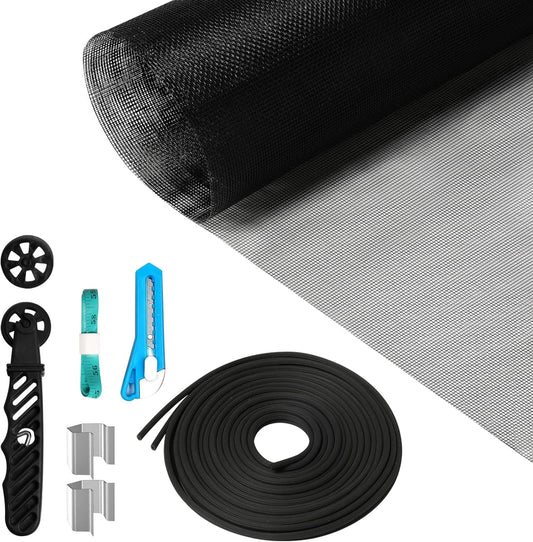 Window Screen Repair Kit, 48"x118" Screen Door Mesh Replacement Kit, Durable Fiberglass Black Window Screen kit with Tools, Rolling, Hook, Spline, Clips for Windows Doors Patio and Porch