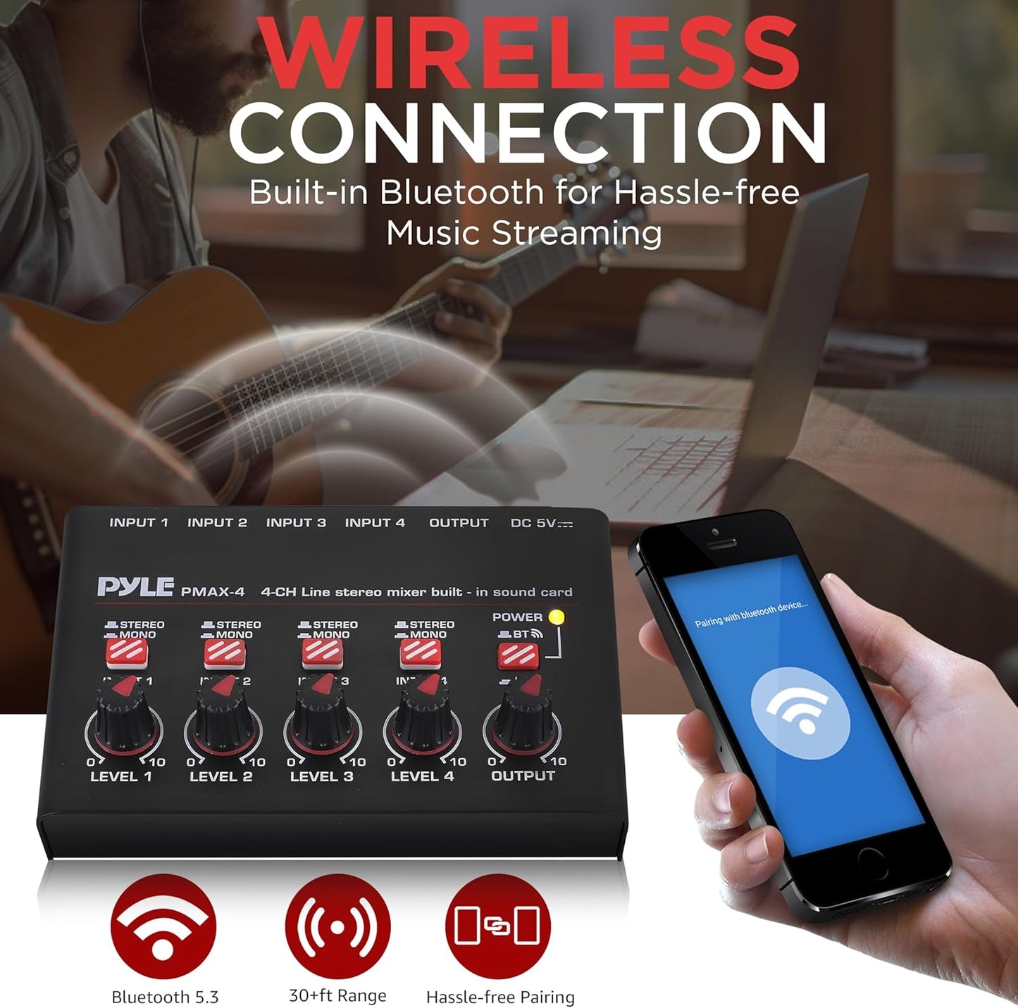 Pyle 4-Channel Wireless Bluetooth 5.0 Line Mixer - USB Audio Interface - 4 Mono/Stereo Inputs - Ultra-Low Noise - High Headroom - Built-in USB-C Sound Card - Compact Metal Chassis - PMAX4