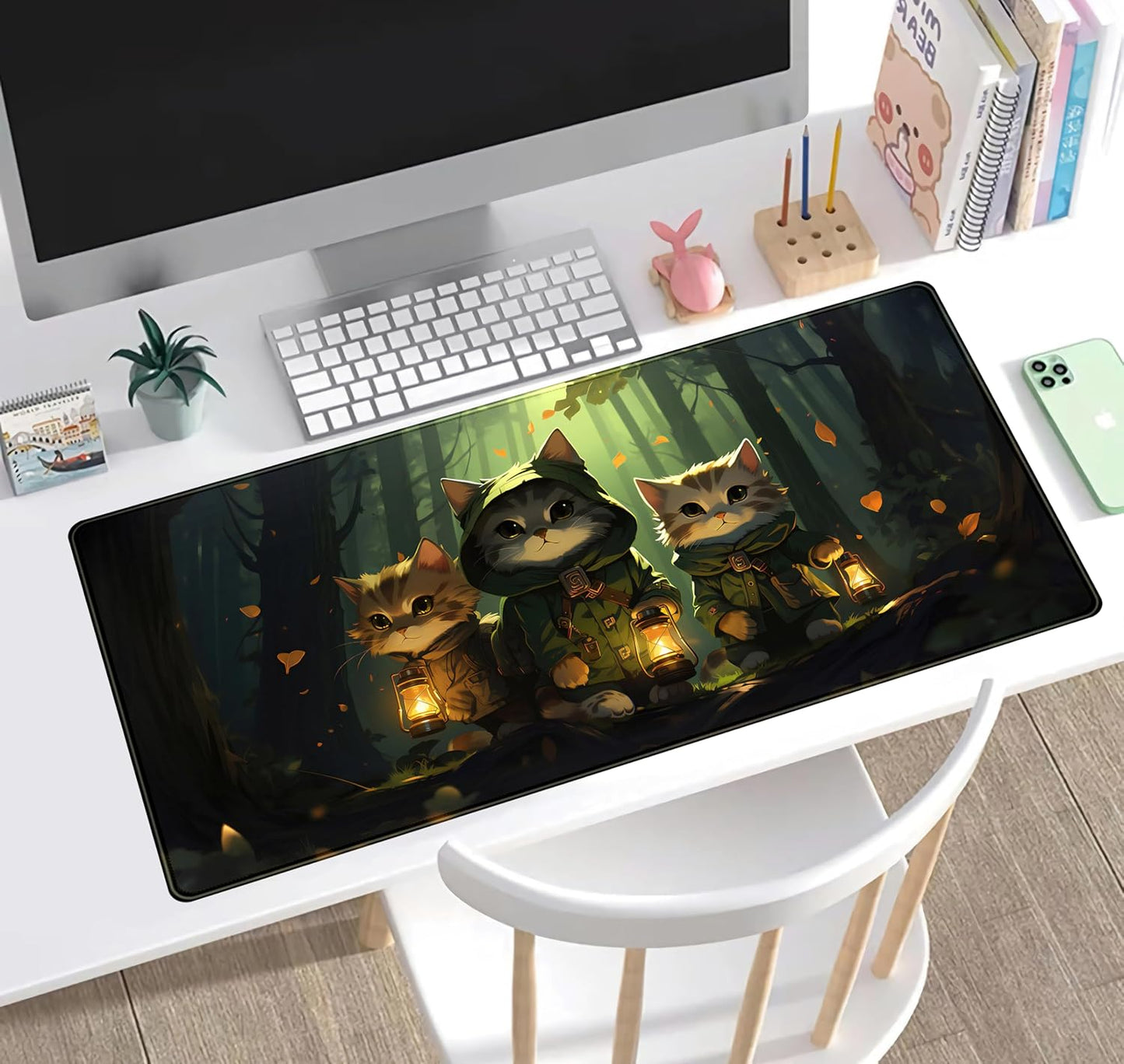 Forest Cats Desk Mat Anime Cat Desk Pad Cute, Kawaii Green Mouse Pad XXL, Large Extended Gaming Mousepad Keyboard Mouse Mat with Stitched Edges, Home Office Decor Pad for Women Girl 31.5x15.75 in
