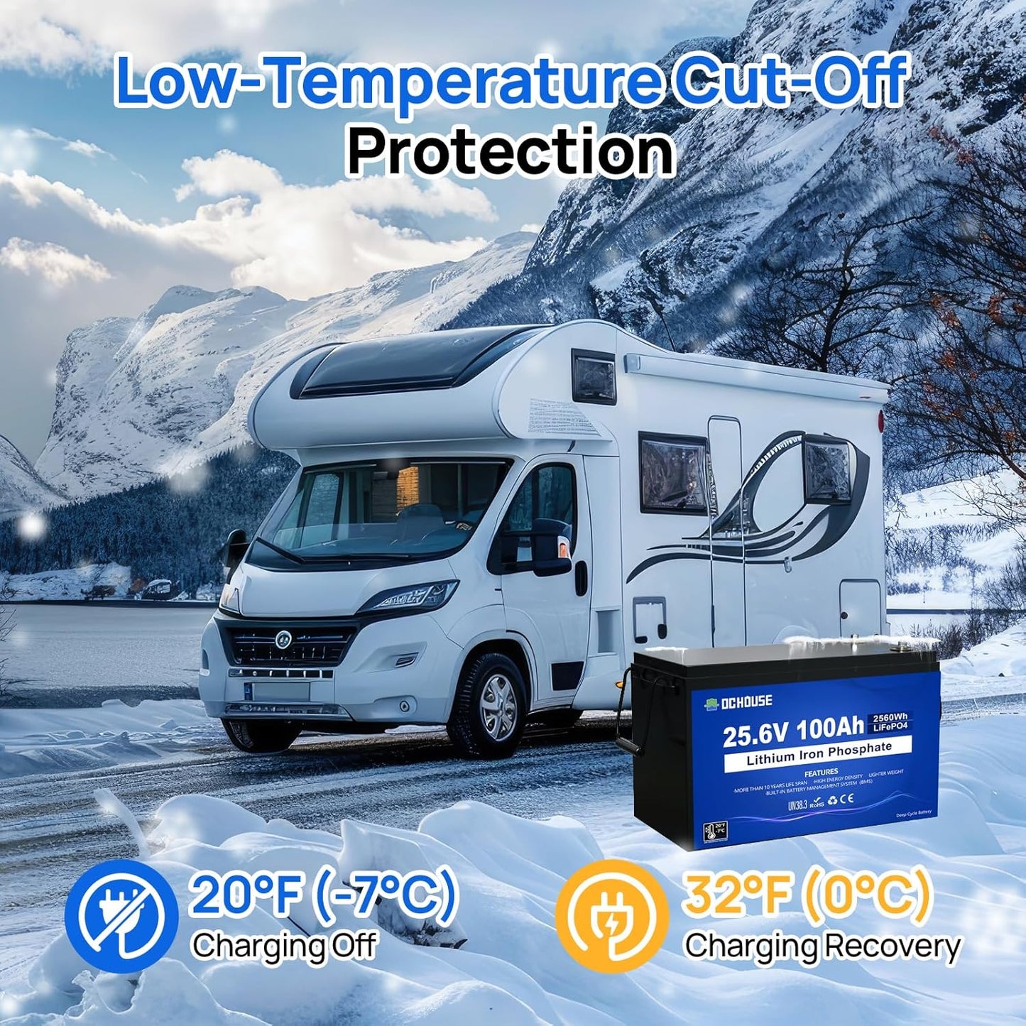 DC HOUSE 24V 100Ah LiFePO4 Lithium Battey, Low Temp Cut-Off BMS, Up to 15000 Cycles, Perfect for Trolling Motors, Marine, Boat, RV, Camper, Home Energy Storage