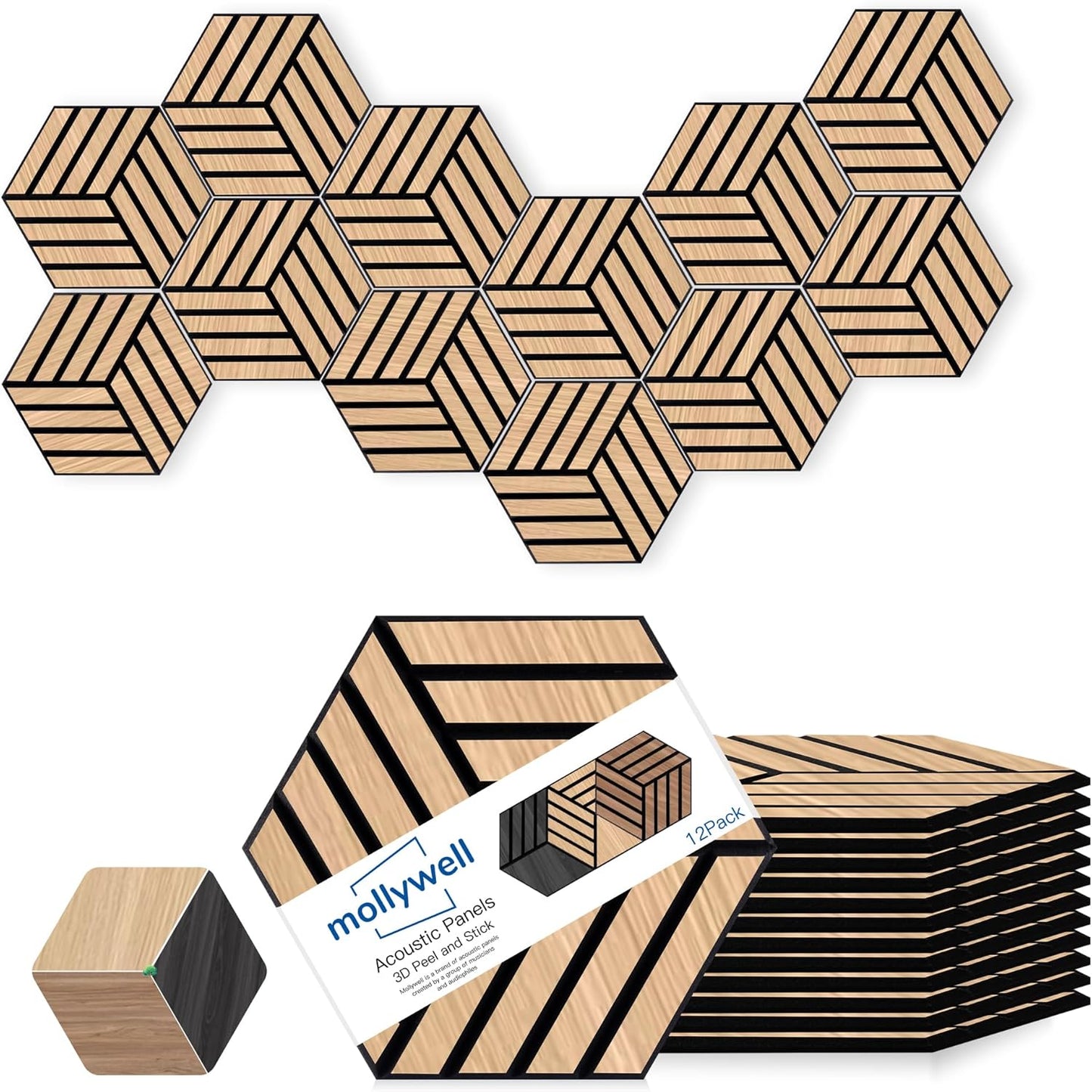 Mollywell Hexagon Acoustic Panels, Natural Oak TH4, 14x12x0.4 Inch, 12 Pack |Wood Veneer|High Density Sound Proofing Wall Panels|Self Adhesive Sound Dampening Felt Wall Tiles|Home Theater|Gaming Room|