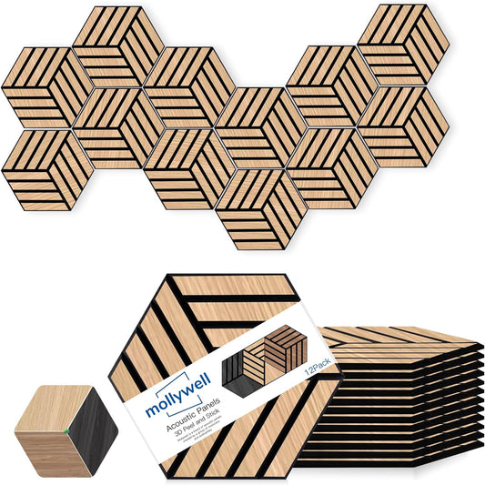 Mollywell Hexagon Acoustic Panels, Natural Oak TH4, 14x12x0.4 Inch, 12 Pack |Wood Veneer|High Density Sound Proofing Wall Panels|Self Adhesive Sound Dampening Felt Wall Tiles|Home Theater|Gaming Room|