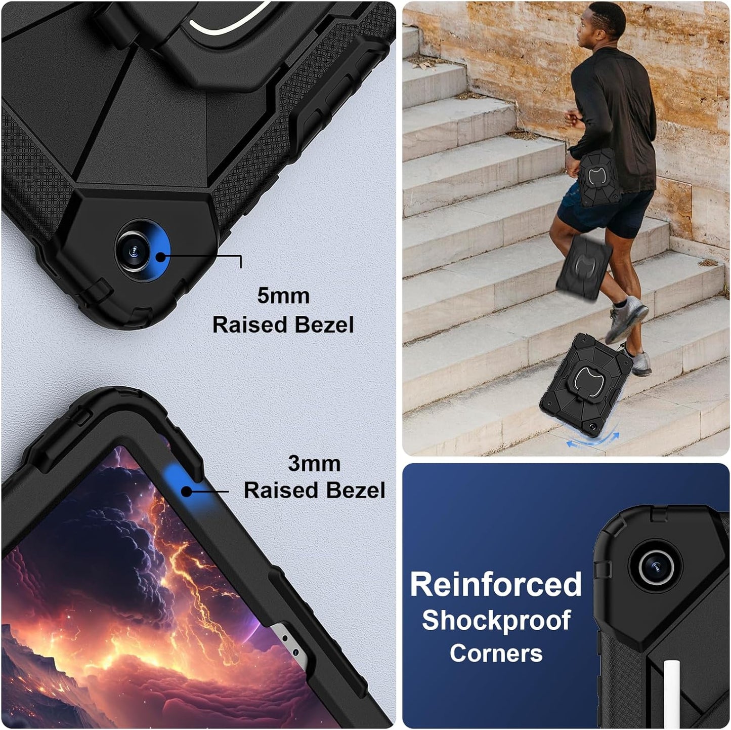 for Galaxy Tab A9 Plus Case 11 Inch, Rugged Case for Samsung Galaxy A9+ Tablet Case with Screen Protector 360 Rotating Stand Shoulder Strap Pen Holder, 2023 Model(SM-X210/X216/218), Black Black