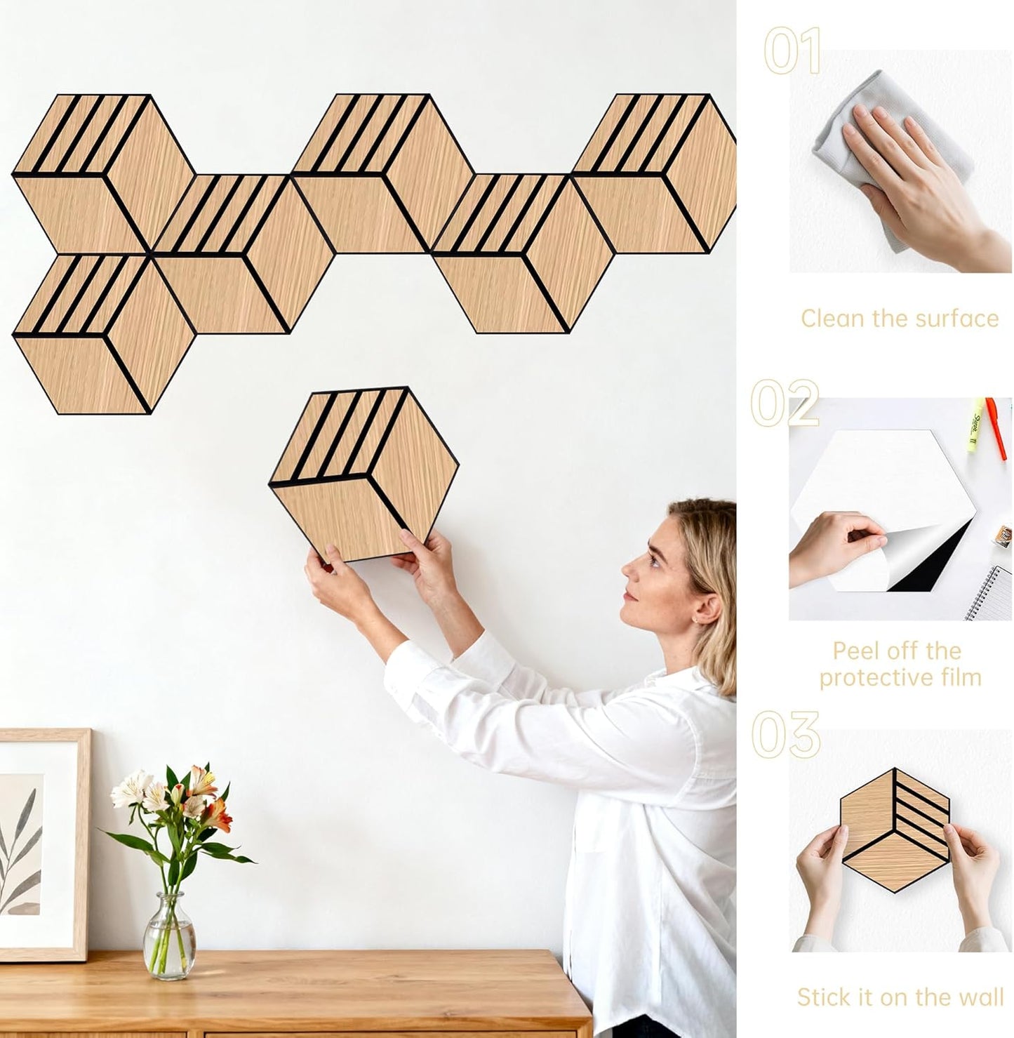 Mollywell Hexagon Acoustic Panels, Natural Oak S4, 14x12x0.4 Inch, 12 Pack |Wood Veneer|High Density Sound Proofing Wall Panels|Self Adhesive Sound Dampening Felt Wall Tiles|Home Theater|Gaming Room|