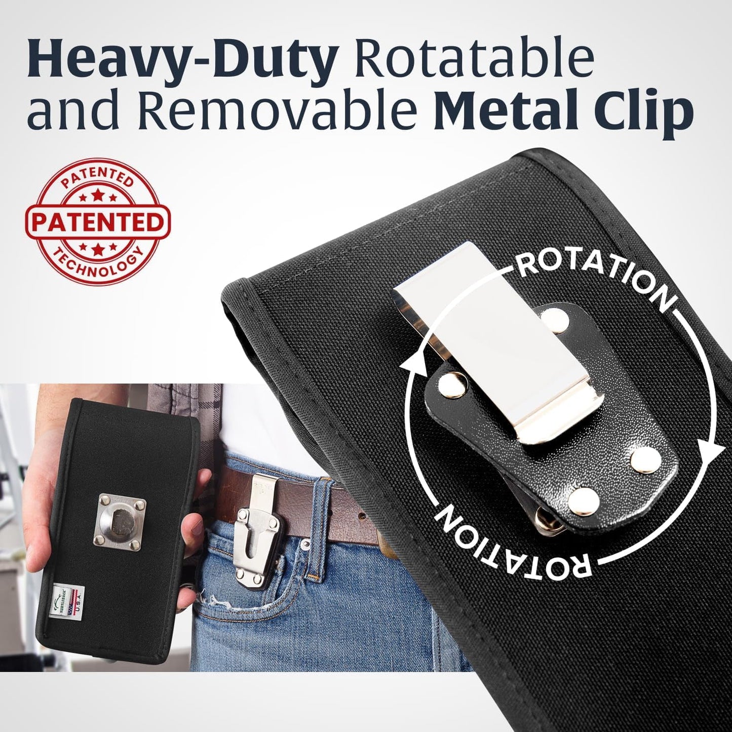 Turtleback Belt Clip for iPhone 16 Pro, 16e, 15 pro 14 Pro 13 Pro -Large- Fits w/Defender Bulky Style Cases - Premium Black Nylon, Vertical Belt Holder, Magnetic Closure HD Rotating Belt Clip