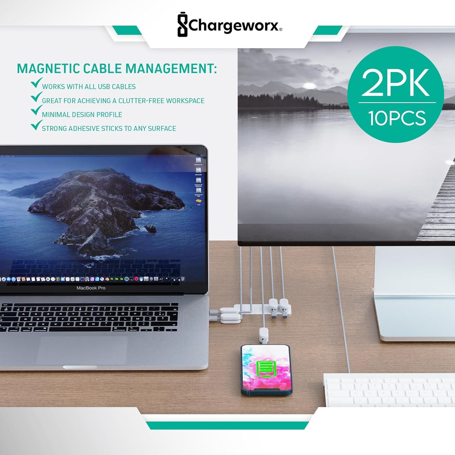 Magnetic Cable Clips [10-Pack] – Chargeworx Cord Organizer for Desk, Nightstand, Car, Wall – Strong Adhesive Wire Holder for USB-C, Lightning, Micro-USB – Tangle-Free, Snap-On, Easy Cable Management