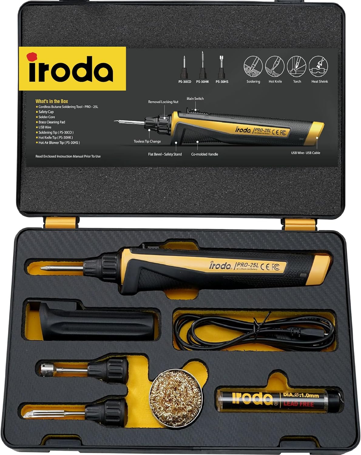 Iroda SolderPro 25LK Battery Soldering Iron Kit, Pro Grade 30W Type C USB Rechargeable Soldering Iron | 3200mAh Japanese Battery | LED Spotlight, With 3 Tips & Case