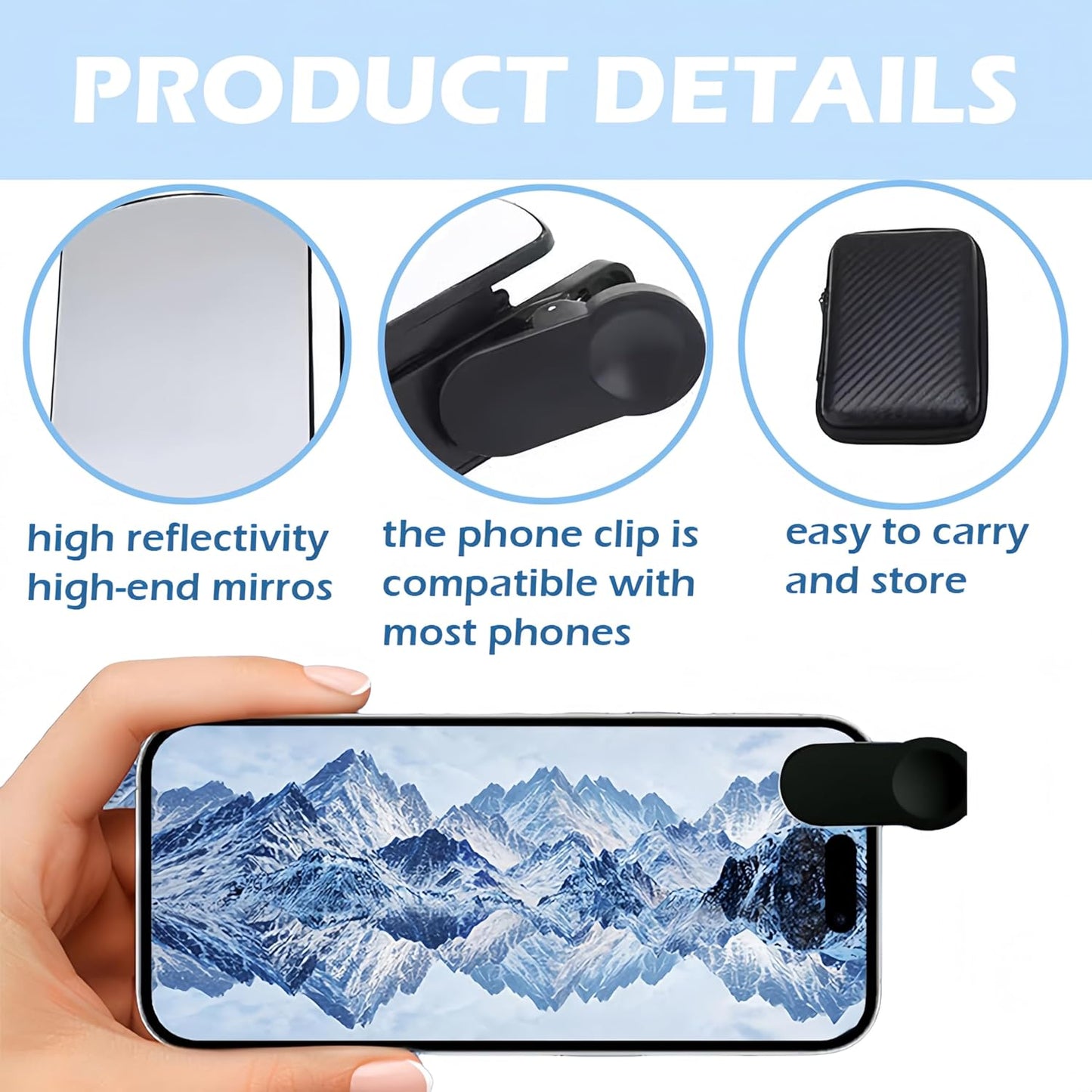 Mirror Effect Lens, Smartphone Camera Mirror Reflection Clip Kit Phone Camera Shooting Reflection Mirror Adjustable HD Glass Smartphone Photography Flip Mirror for All Phones (White)