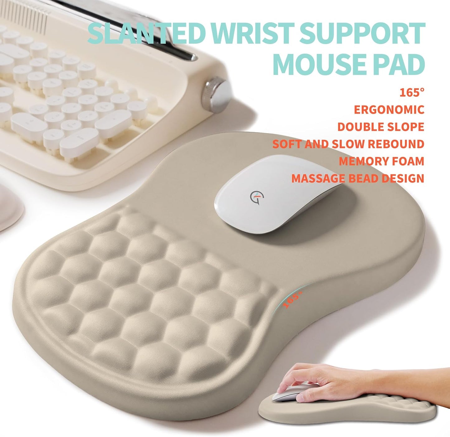 2-in-1 Ergonomic Set, Wave Rise Keyboard Wrist Rest and Massage Bulge Slope Mouse Pad Wrist Support, Cushion Memory Foam Integrated to Relieve Wrist Pain, Apricot