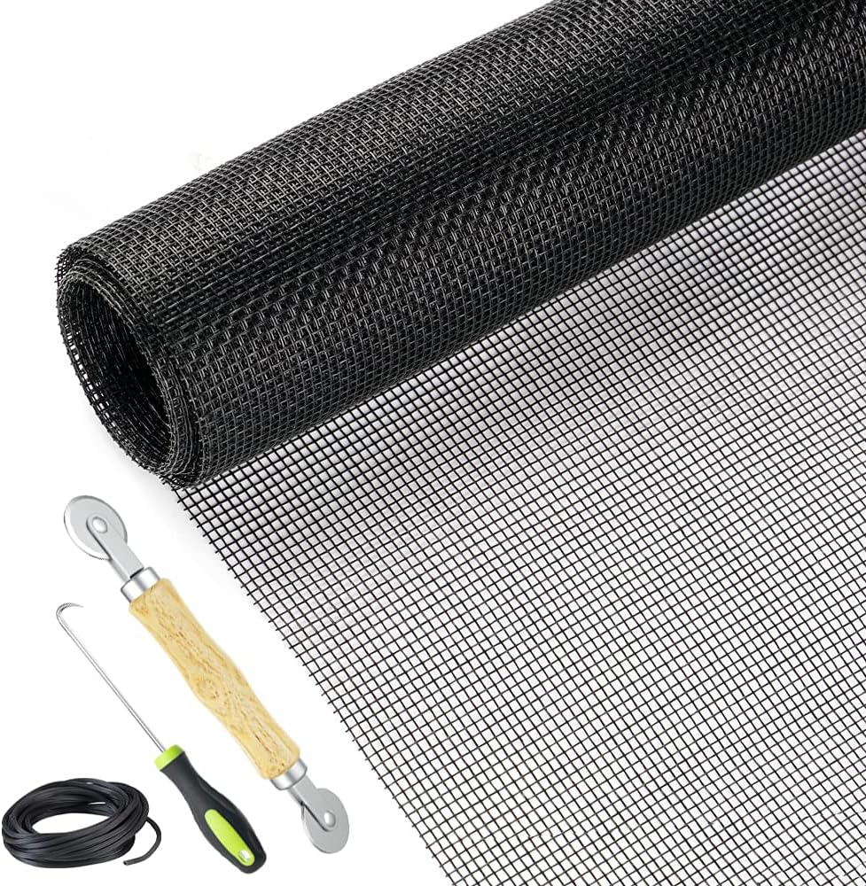 Screen Repair Kit Easy DIY Project 36" x 90" Fiberglass Screen Mesh with Rolling Tool and Screen Retainer Spline Screen Replacement kit for Windows Sliding Doors and Patio Screens (36" x 90", Black)