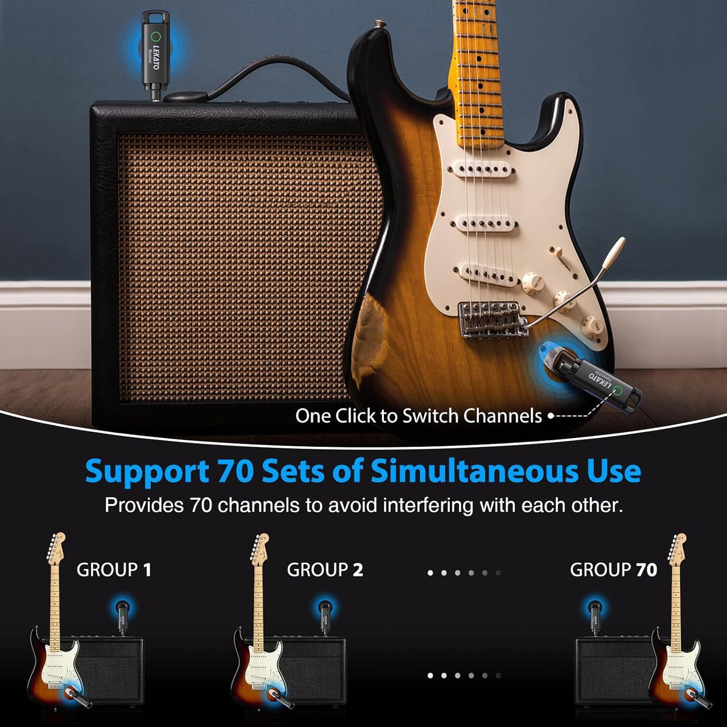 LEKATO Wireless Guitar System UHF Wireless Guitar Transmitter Receiver Rechargeable Audio Bass Cable with 70 Channels for Bass Electric Instruments(Pink)