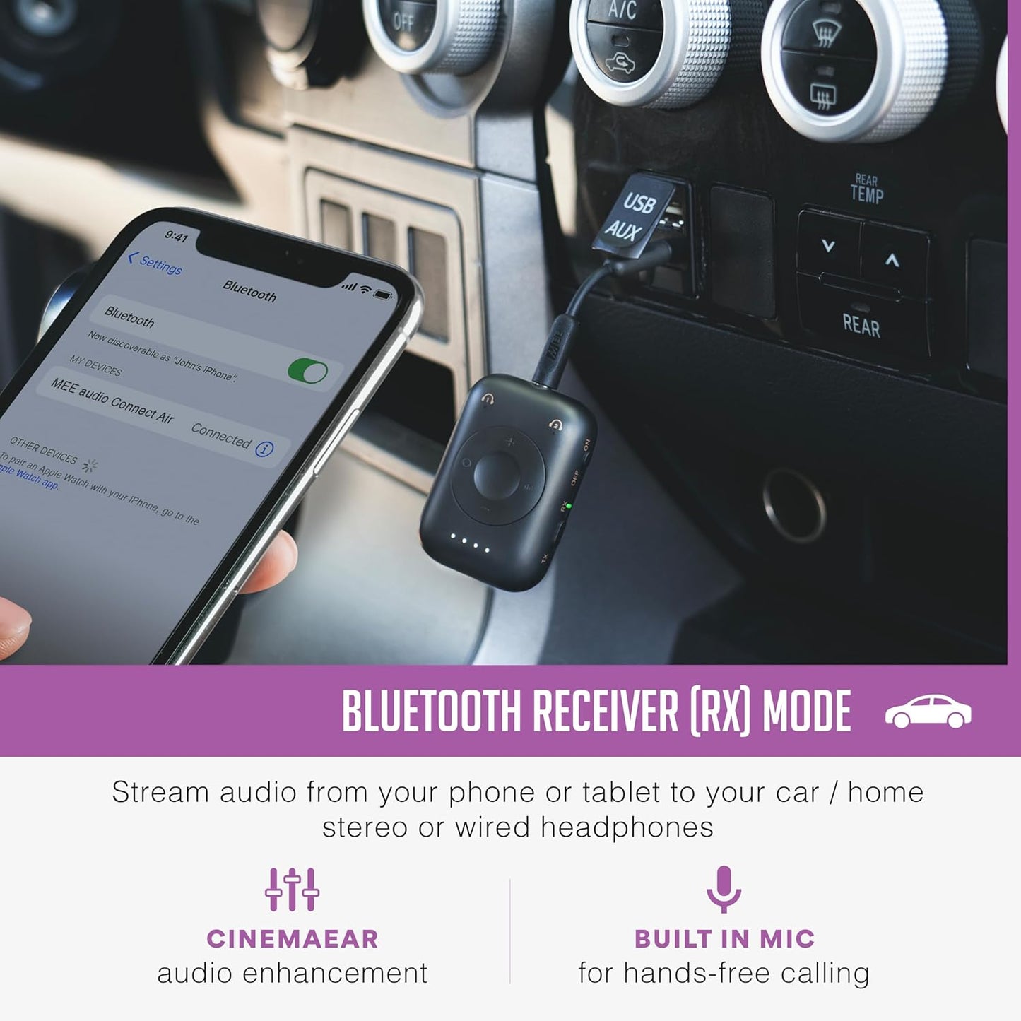 MEE audio Connect Air Pro Bluetooth Wireless Audio Transmitter & Receiver for AirPods or Bluetooth Headphones, 2-in-1 Adapter with Detachable Cable 3.5mm Aux Audio Jack for Airplanes, Auto, Gym, Black