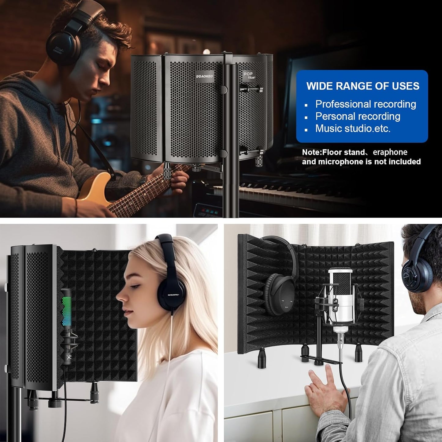 Aokeo Studio Recording Microphone Isolation Shield, Pop Filter.High density absorbent foam is used to filter vocal. Suitable for blue yeti and any condenser microphone recording equipment