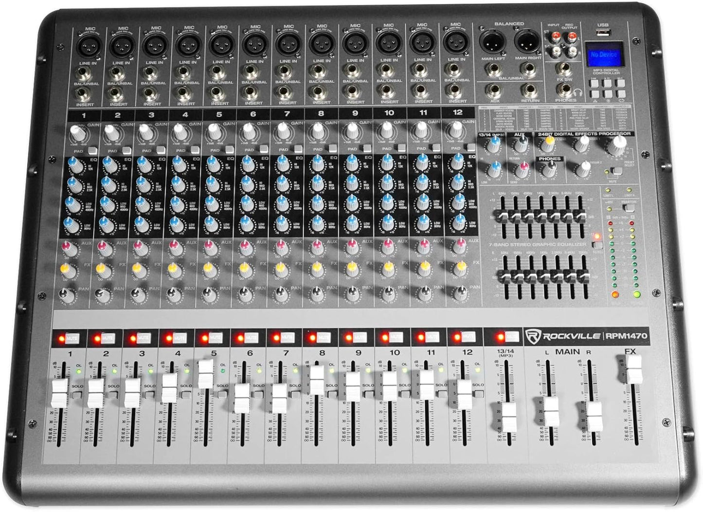 Rockville RPM1470 6000W Peak 14-Channel Powered Mixer, 750W RMS x 2 at 4 Ohm, USB/Bluetooth, 24-Bit Effects, 14 XDR2 Mic Preamps, for Live Events/Church Bands