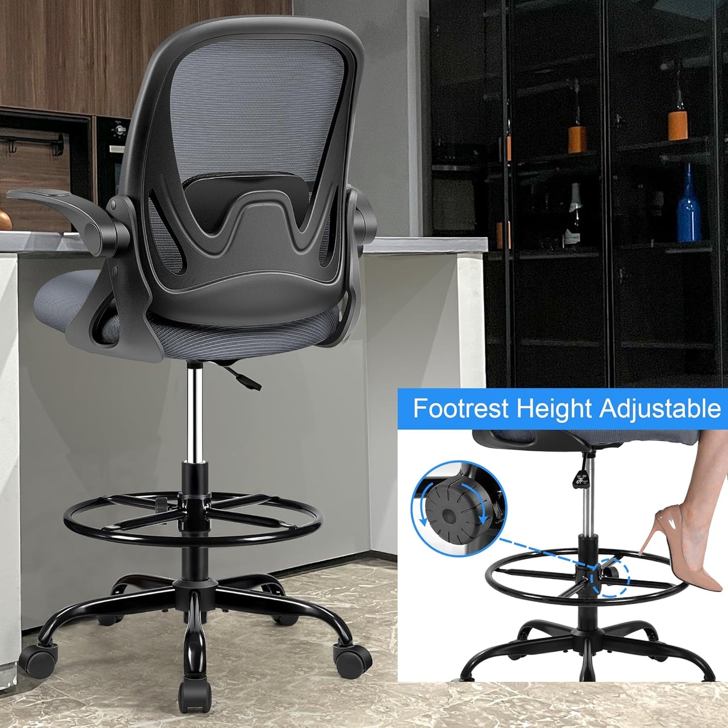 Drafting Chair Tall Office Chair with Flip-up Armrests, Adjustable Height, Enhanced Lumbar Support Ergonomic Rolling Stool, Back Support, Adjustable Foot Rest Ring for Standing Desk Dark Gray