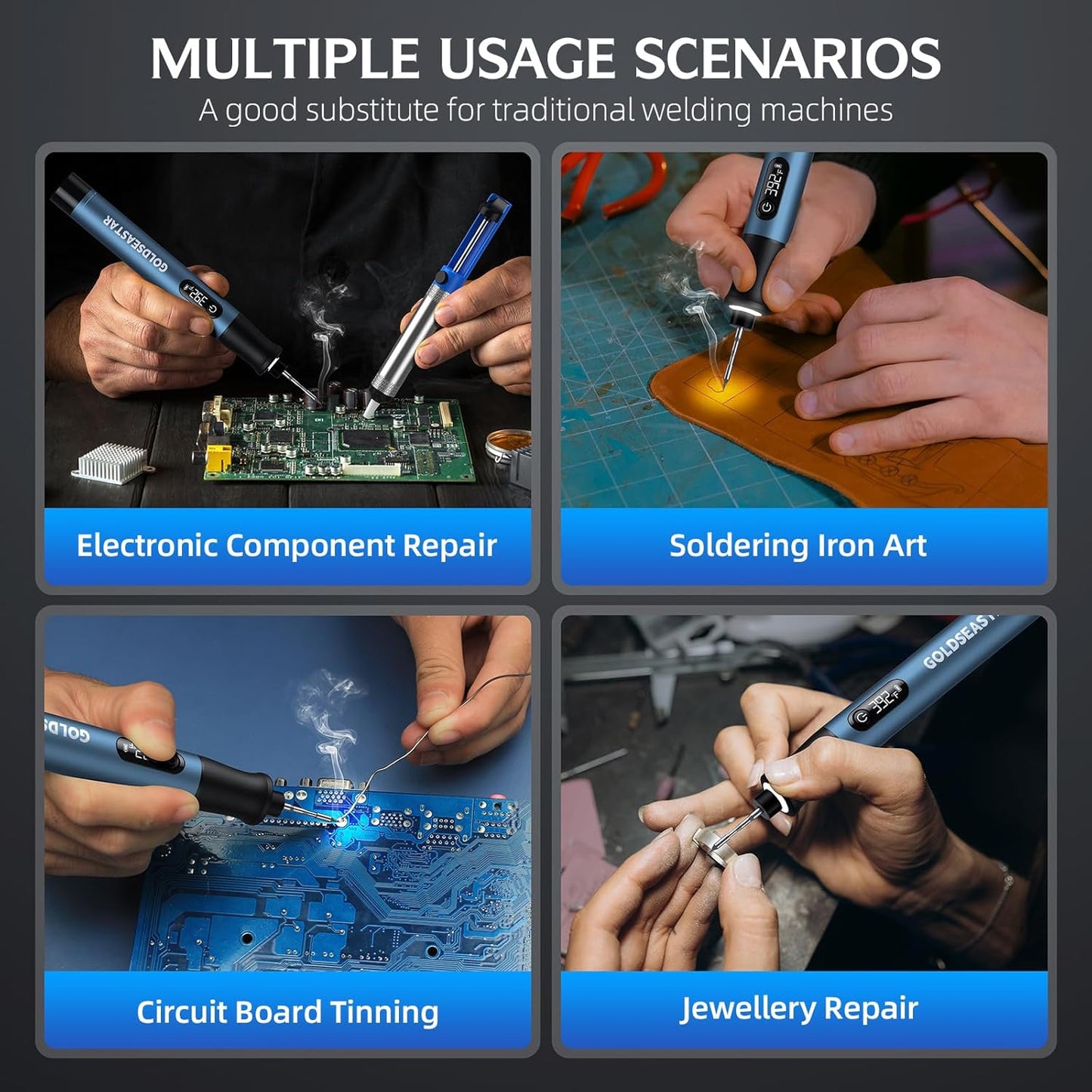 Cordless Soldering Iron Kit - 7s Fast Heating & Auto Sleep, Portable USB-C Rechargeable Welding Pen with 3 Tips (392°F/200°C to 842°F/450°C) for Electronics Repair/DIY/Circuit Board, Blue