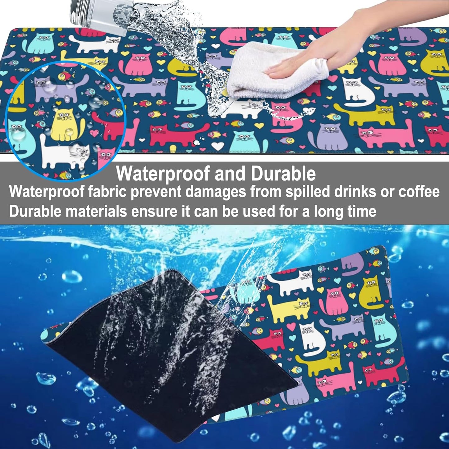 Mouse Pad, Large Cartoon Cats and Fish Desk Mat, Extended Non-Slip Gaming Keyboard Mousepad Desk Pad, Thick Stitched Edges Waterproof Mouse Mat 31.5"x15.7" (Funny Doodle Kittens)