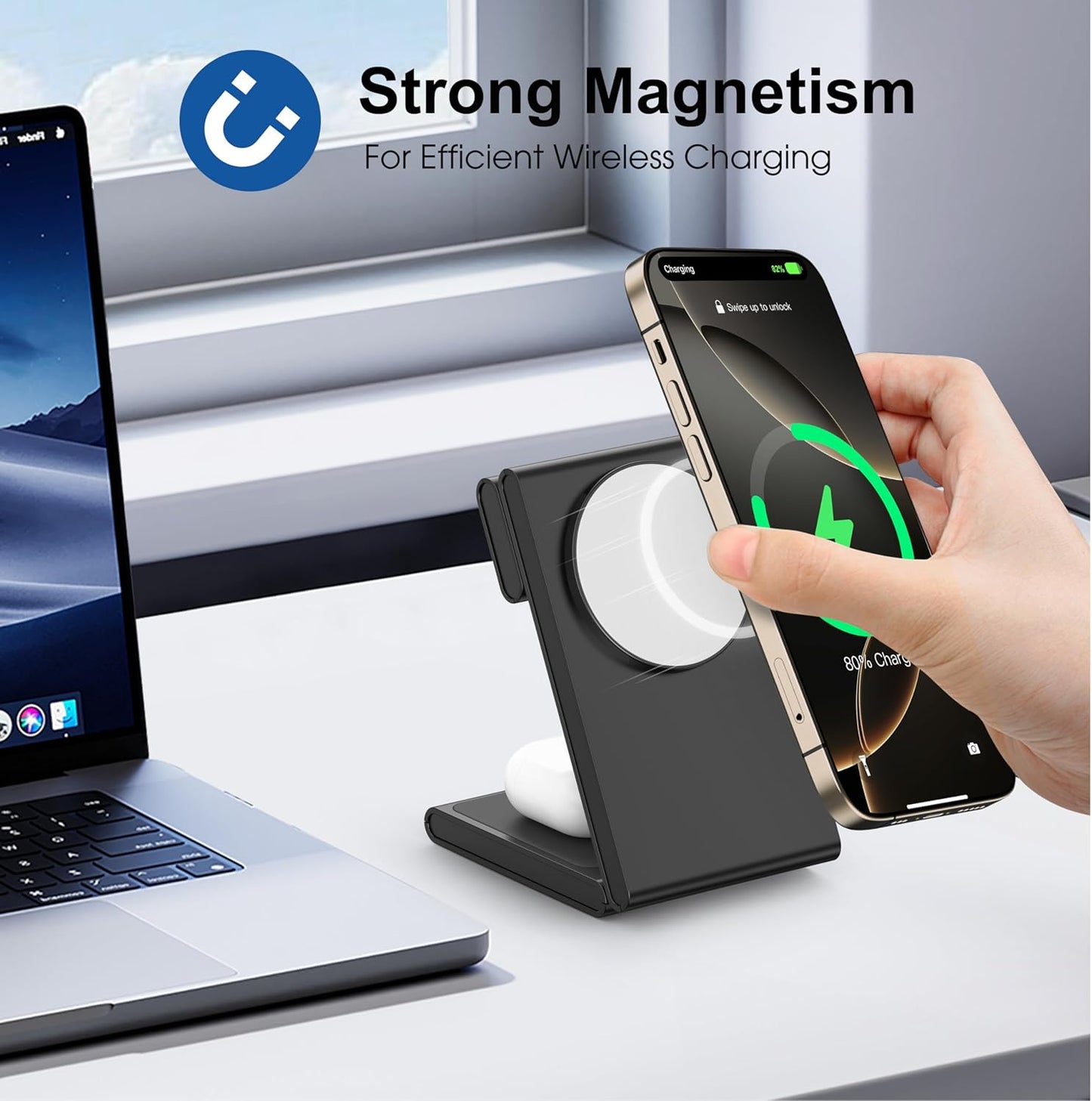 3 in 1 Wireless Charging Station for Multiple Devices, Fast Foldable Travel Mag-Safe Stand for iPhone 16/15/14/13/12/Series, Magnetic Charger for Apple Watch 10/Ultra 2/AirPods 4 with 20W Adapter