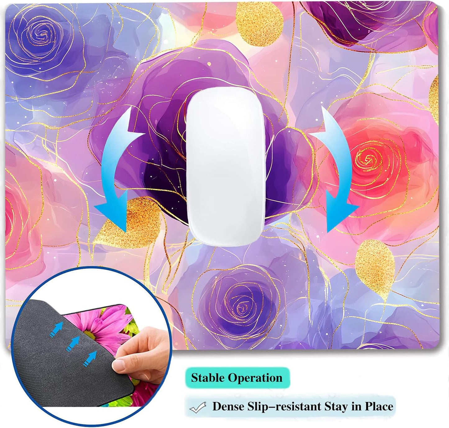 Aesthetic Gold Texture Rose Flower Custom Mouse Pad with Non-Slip Rubber, Small Square Design for Wireless Laptop & Computer Mouse Pads for Desk, 9.5 x 7.9 inch Smooth Surface for Gaming & Office