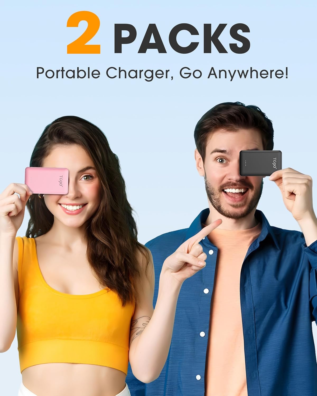 TG90° 2 Pack Portable Charger Power Bank, 5000mAh External Battery Pack with Built-in Foldable AC Wall Plug and Cables, Small USB C Charger Compatible with iPhone and Android Devices