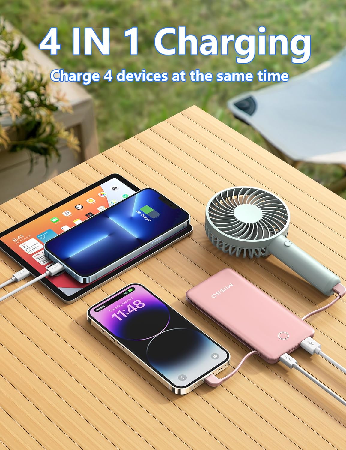 miisso 10000mAh Slim Portable Charger with Built in Cable, Power Bank Travel Charger External Battery Pack for Phone, 4 Output USB Type C Cord Clutch Charger Compatible with iPhone, Light Pink‌