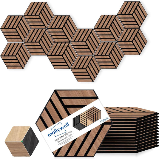 Mollywell Hexagon Acoustic Panels, Walnut TH4, 14x12x0.4 Inch, 12 Pack |Wood Veneer|High Density Sound Proofing Wall Panels|Self Adhesive Sound Dampening Felt Wall Tiles|Home Theater|Gaming Room|