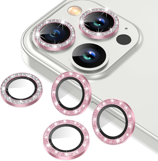 AGVEE 3+3 6 Pack for iPhone 12 Pro Max 6.7" Camera Lens Cover Protector, Bling Diamond & Bling Glitter Metal Ring 9H Tempered HD Glass Camera Cover Protector Film, Bling-Pink