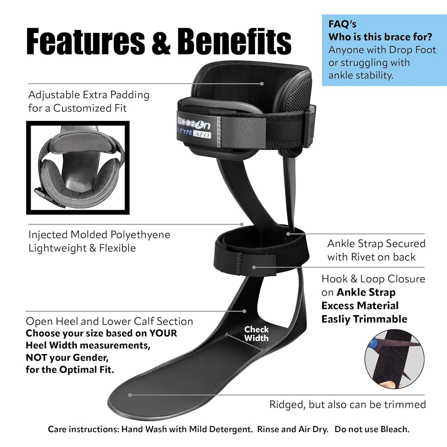 Brace On AFO S-Type - Drop Foot Stabilizer Brace, Moldable, Trimmable, Lightweight Polyethylene, Braces for Women, AFO Brace and Foot Drop Braces, Boot for Injured Foot, Women, Right