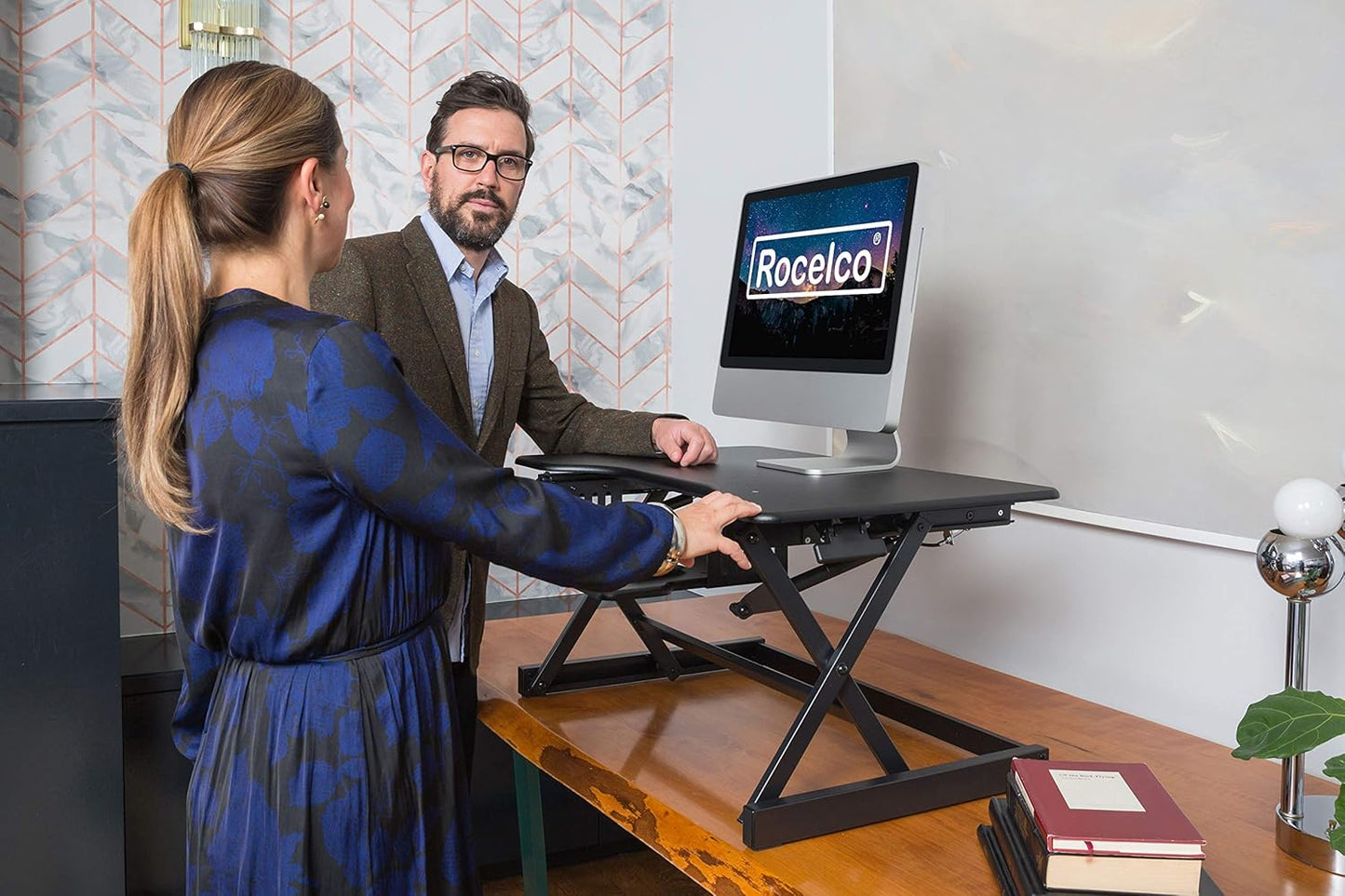 Rocelco 38" Large Height Adjustable Standing Desk Converter - Quick Sit Stand Up Dual Monitor Riser - Gas Spring Assist Tabletop Computer Workstation - Retractable Keyboard Tray - Black (R DADRB-38)