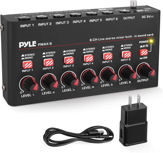 Pyle 6-Channel Wireless BT Streaming Mini Line Mixer with USB Audio Interface - 6 Mono/Stereo Switching Inputs | Ultra-low Noise Design with High Headroom | Built-in USB Sound Card - PMAX6