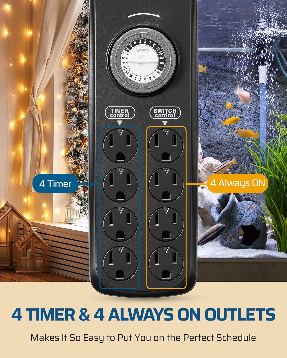 DEWENWILS Mechanical Timer Power Strip with 8 Outlets, 6FT Power Cord & Flat Plug, Overload Protection Mechanical Timer, Outlet Timer Indoor for Tanks, Aquarium, Grow Lights, Reptile Light, UL Listed