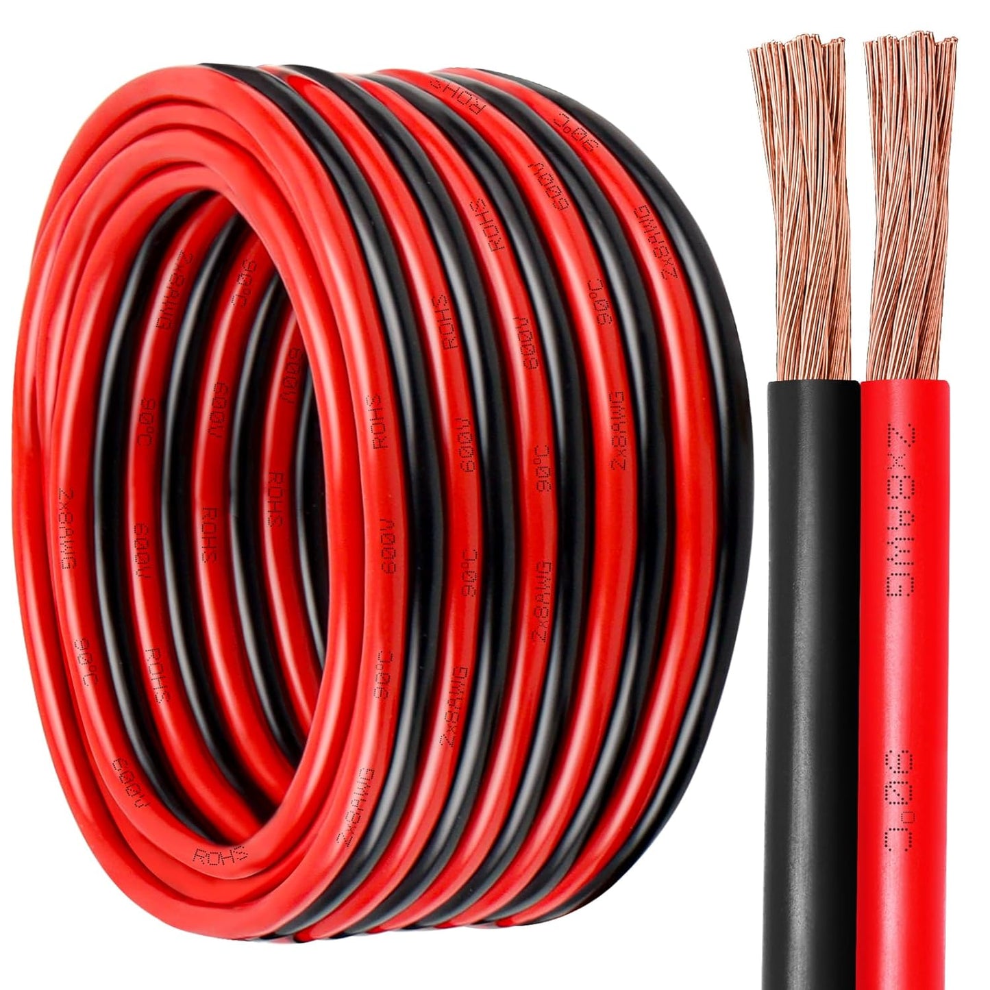8 Gauge Wire 2 Conductors Copper Wire, 8 AWG Battery Cable Oxygen Free Copper Wire for Solar Panel, Automotive, Trailer, RV and Speaker (8 Gauge 30FT)