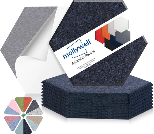 Mollywell Hexagon Acoustic Panels, High Density, Soundproofing, Decorative Noise Reduction Felt Wall Tiles for Ceilings, Home Office & Gaming Room (Ink Blue), 14x12x0.4 Inch