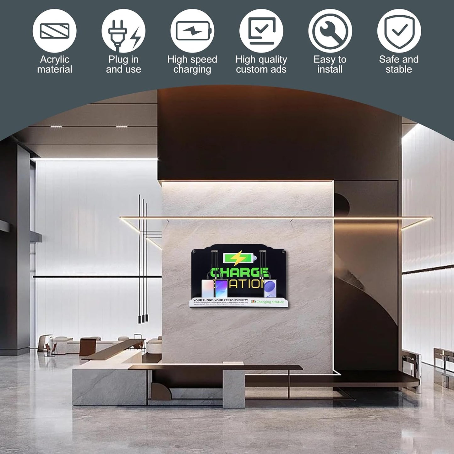 Wall Mount Charging Station with 8 Ports Phone Charger with Type-C,Android Port | Applicable for Applicable Airport Hospitals Banks Hotel and Public Places (Black)