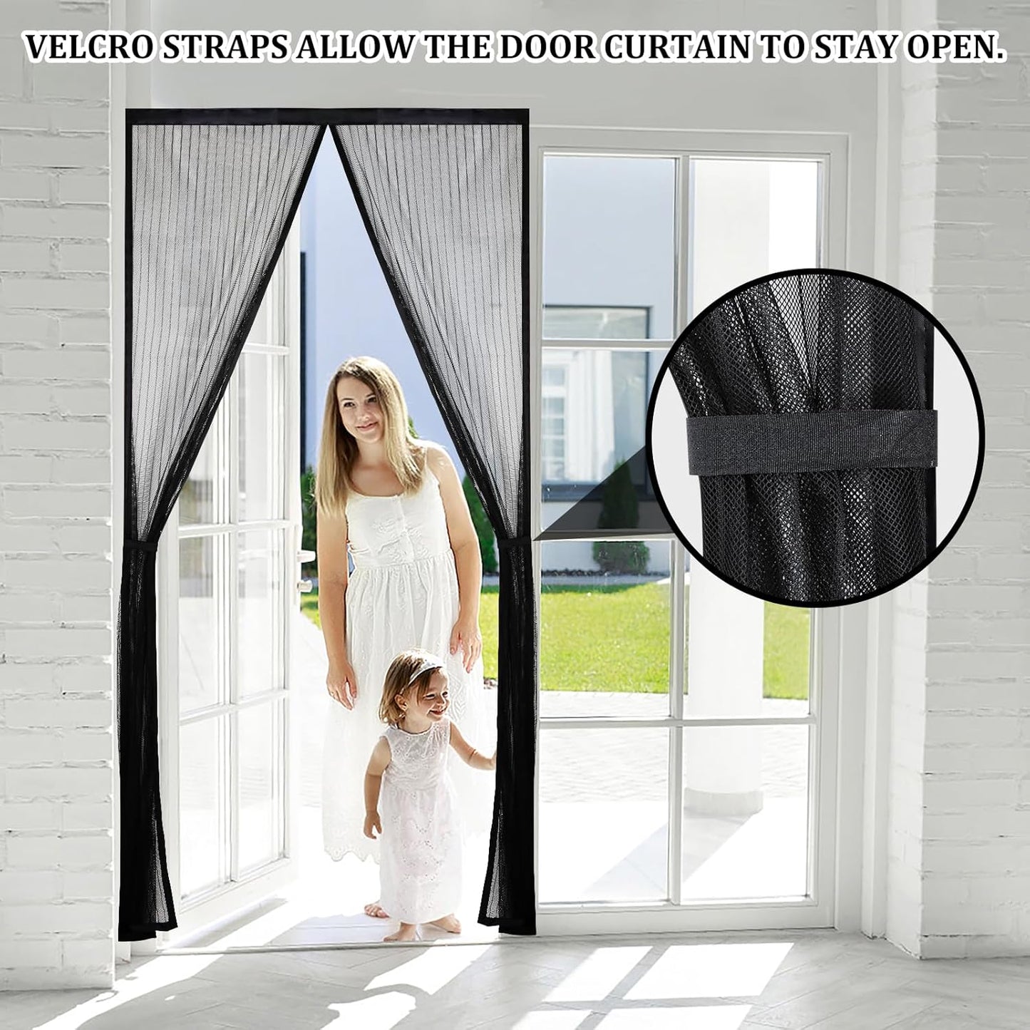 Magnetic Screen Door - Self Sealing, Heavy Duty, Hands Free Mesh Partition Keeps Bugs Out Let Breeze in- Pet and Kid Friendly - Keep Open Feature (Black, Fit Door Size 38 x 82 Inch)