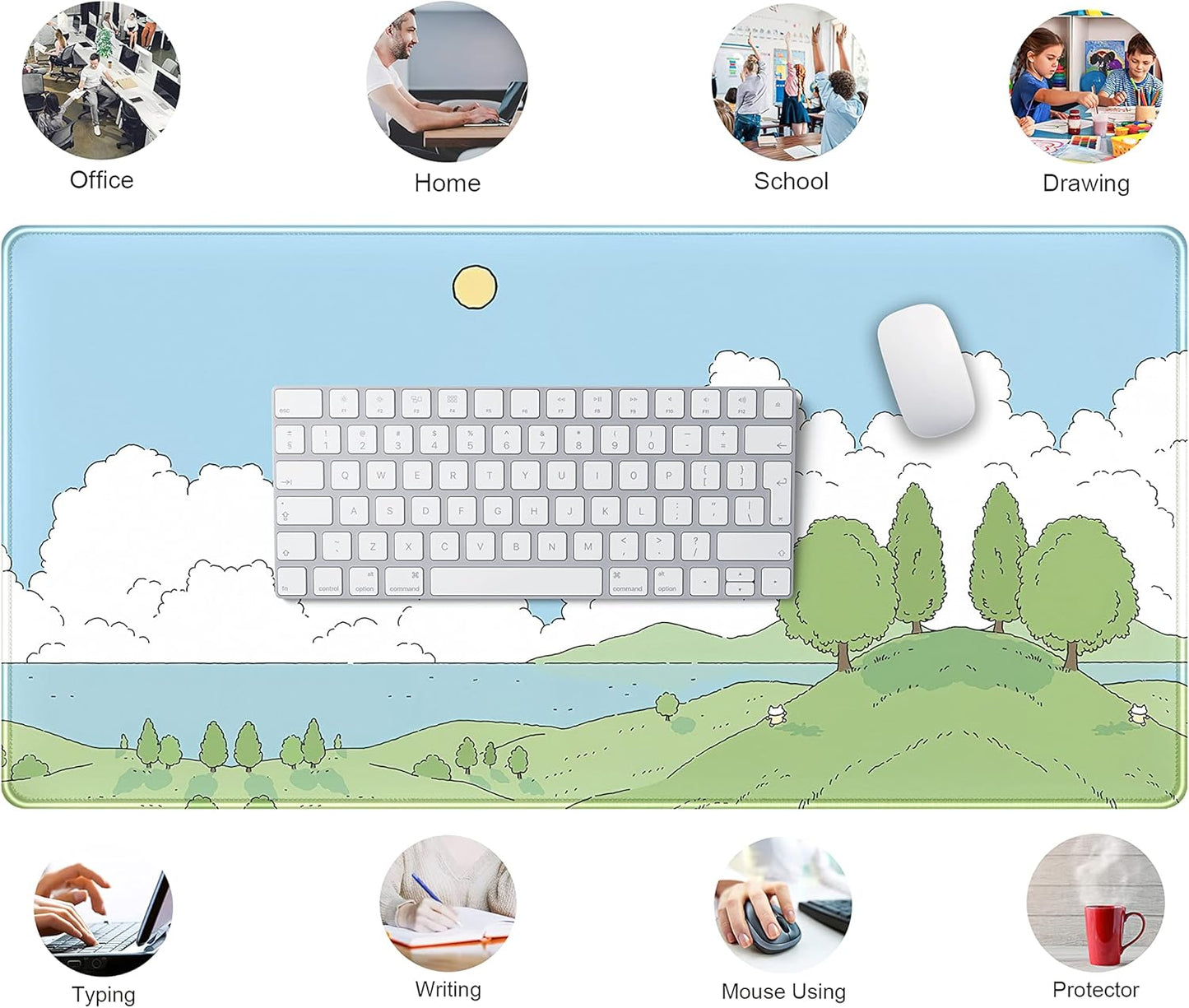 Cute Anime Desk Mat Kawaii Mousepad, Anime Street Aesthetics Desk Pad XXL, Japanese/Korean Lo-fi Drawing, Cute Green Blue Nature Mouse Pad Computer Keyboard Mat, Office Desk Pad Protector