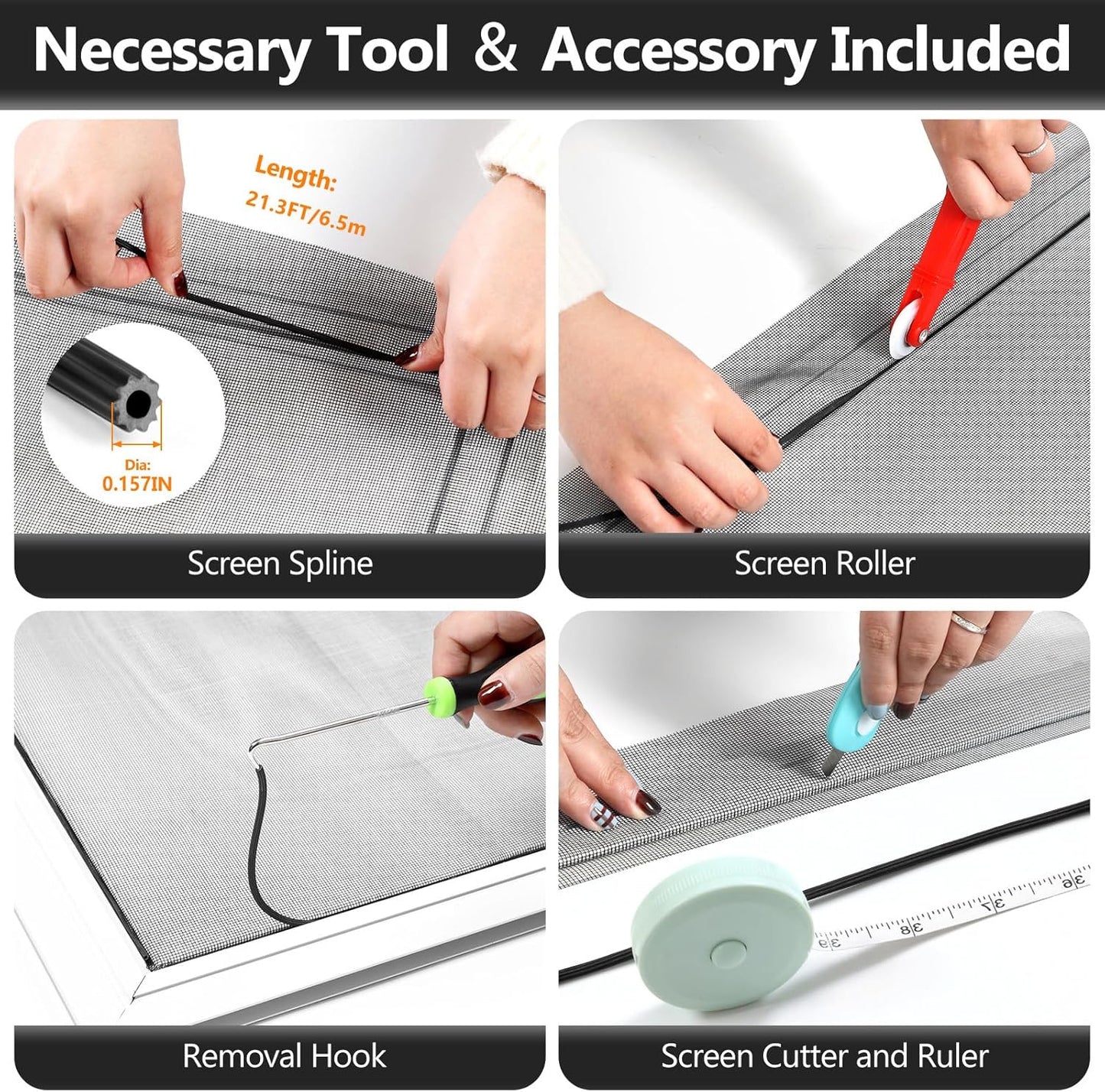 Window Screen Door Repair Kit, 39" x 78" Screen Door Mesh Replacement Kit, Durable Fiberglass Mesh Roll with Tools for Windows Doors Patio and Porch Replacement, Black