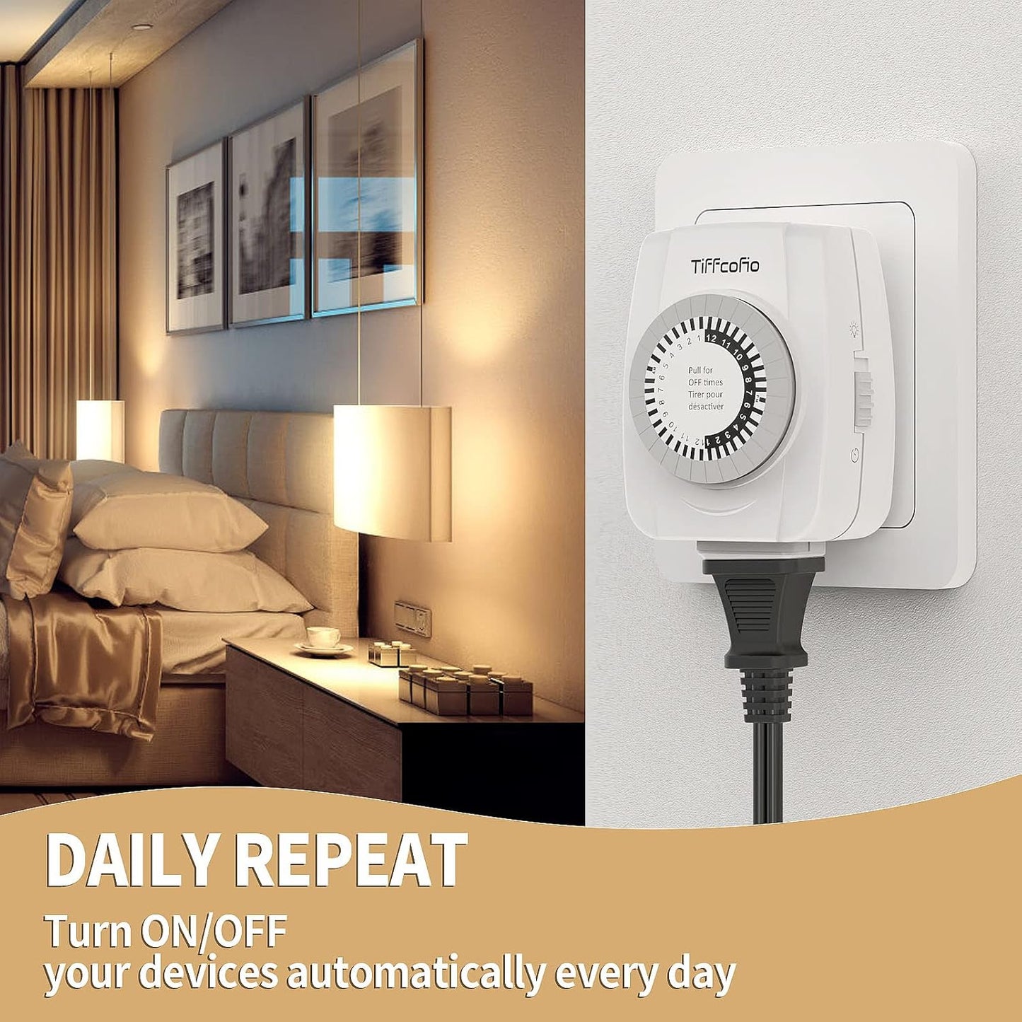 TiFFCOFiO Indoor Mechanical Timers for Electrical Outlets, 2 Prong Plug in Outlet Daily Repeating Light Timer for Indoor Lights, ETL Listed (2 Pack)
