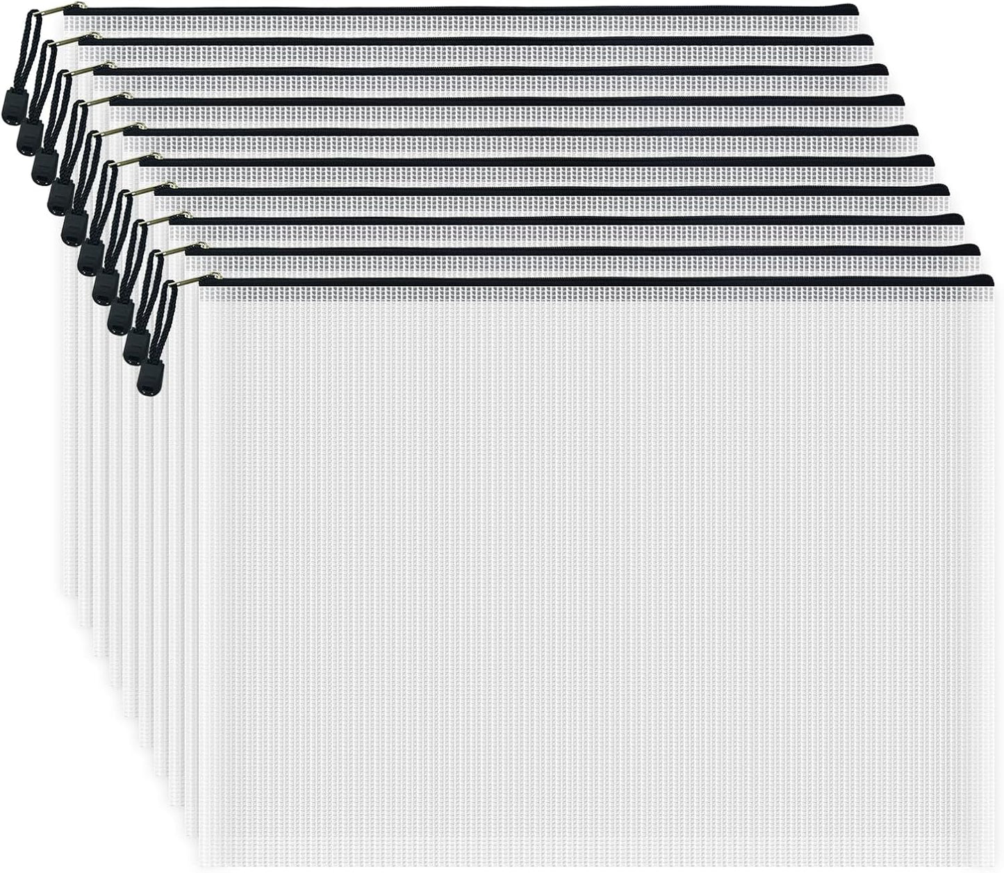 AUSTARK 10 Pcs Zipper File Bags, Waterproof Plastic Mesh Pouch for Office School, Board Game Storage Bags (A3 Size 16.9''x12'', White and Black)