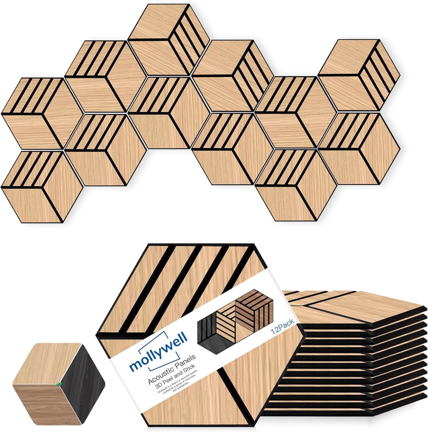 Mollywell Hexagon Acoustic Panels, Natural Oak S4, 14x12x0.4 Inch, 12 Pack |Wood Veneer|High Density Sound Proofing Wall Panels|Self Adhesive Sound Dampening Felt Wall Tiles|Home Theater|Gaming Room|