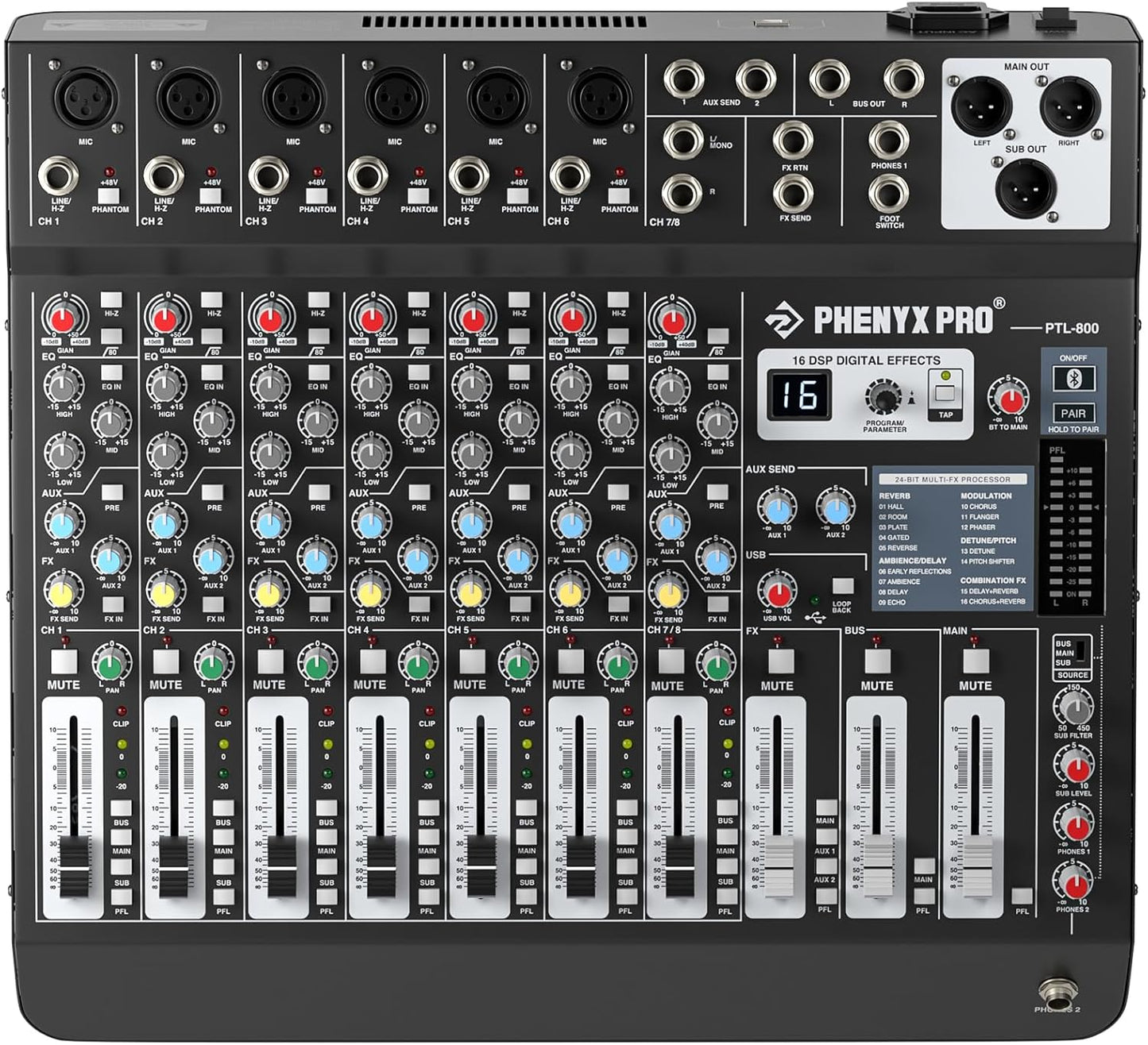 Professional 8-Channel Audio Mixer, Phenyx Pro DJ Sound Mixer Board w/Flexible AUX, BUS, SUB Routing, 16 DSP, BT Streaming & USB-B PC Recording, Mixing Console for Stage, Home Studio (PTL-800)