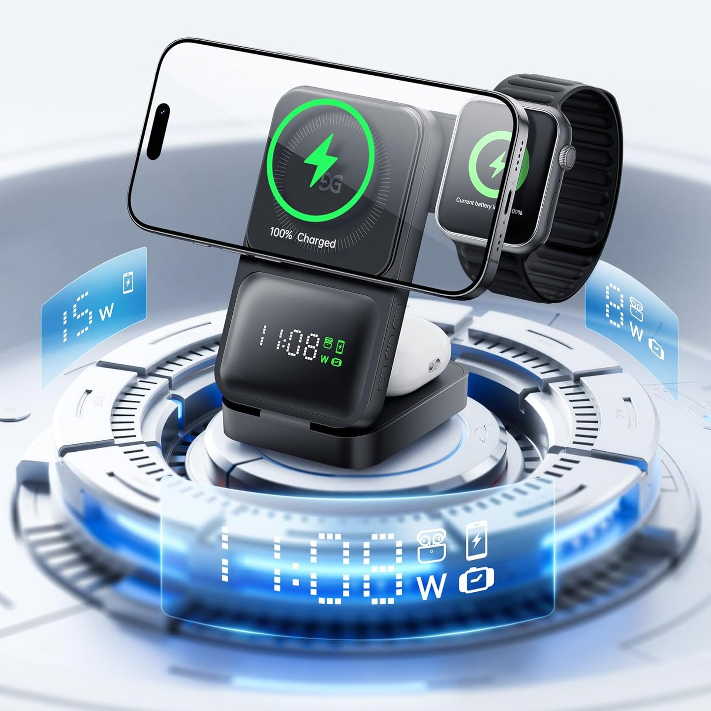 GUSGU MagTime 3 in 1 Wireless Charging Station with Real-Time Power and Time Display, Foldable Wireless Charger Stand, Compatible with iPhone 16/15/14/13/12, iWatch S1-10/Ultra, AirPods-Black