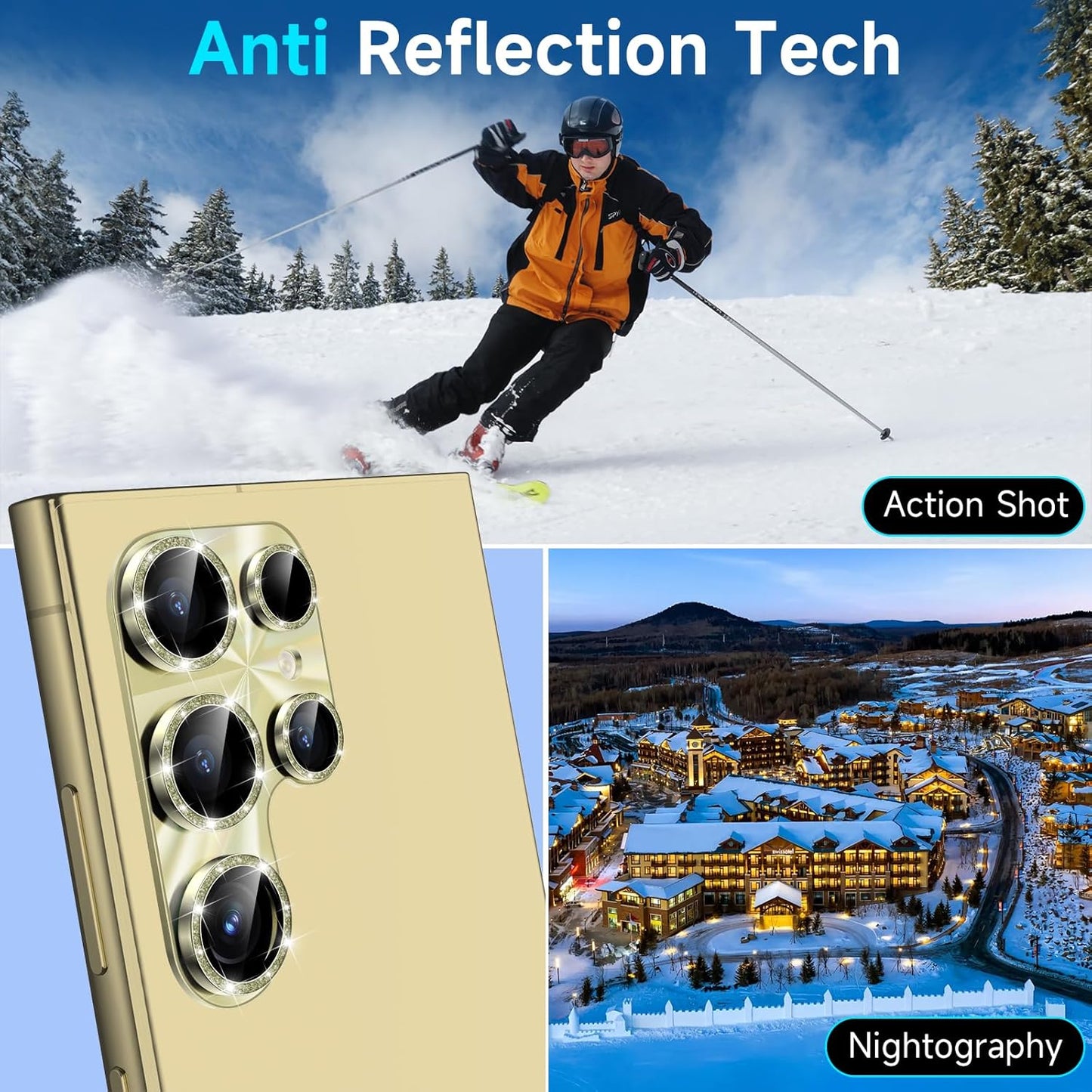 YWXTW Camera Lens Protector for Samsung Galaxy S24 Ultra, [Lithography Laser Gradient] [5X Strengthen] Bling Glitter Tempered Glass Screen Protector Metal Ring Camera Lens Cover (Titanium Yellow)