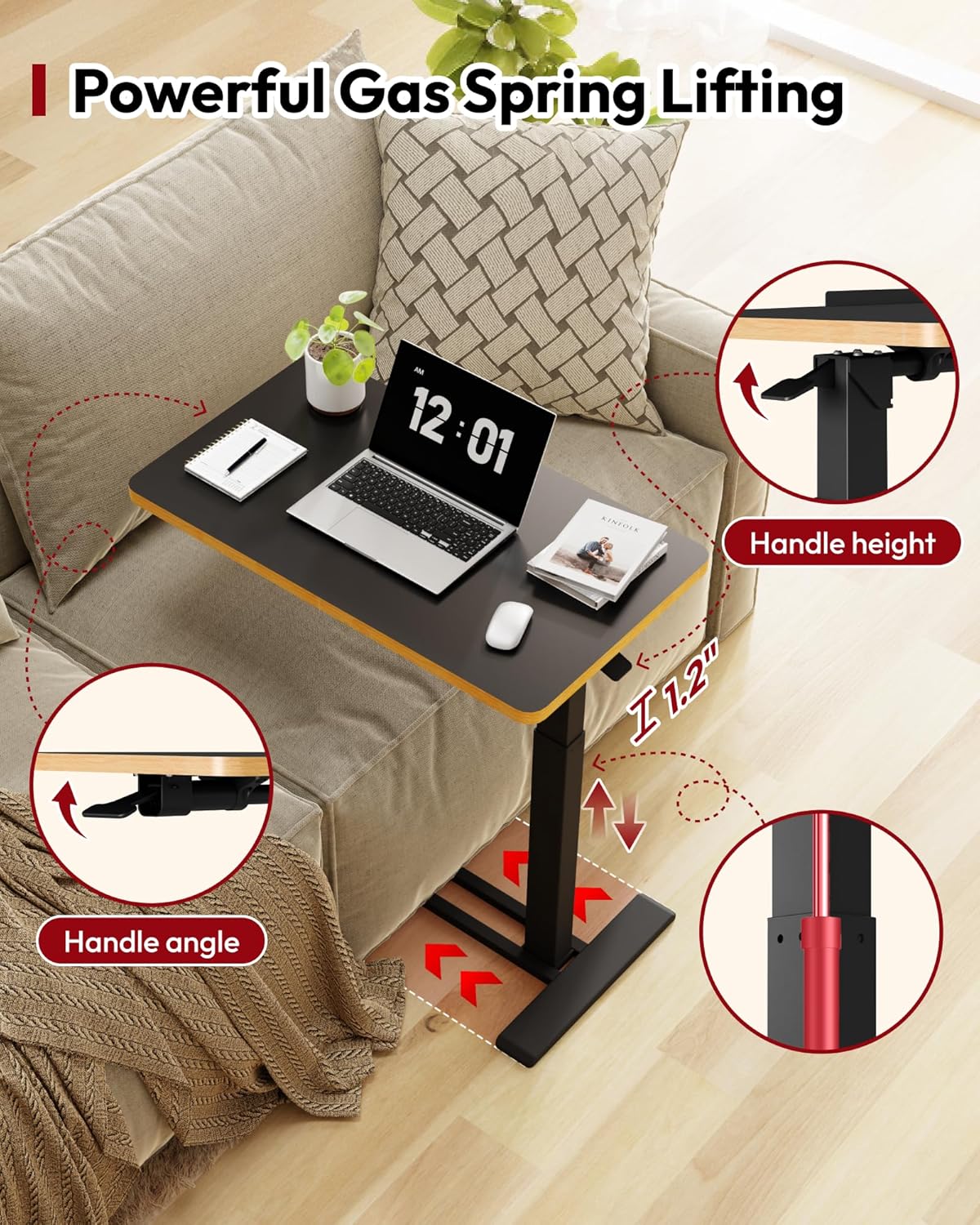 SANODESK Medical Adjustable Overbed Bedside Table with Casters 90° Tilt Top Pneumatic Mobile Rolling Laptop Computer Standing Desk Cart with Tray, Hospital and Home Use(27.6" W x 15.7" D, Black)