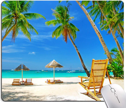 Beach Mouse Pad, Coconut Trees Mouse Pad, Nature Mouse Mat Square Waterproof Mouse Pad Non-Slip Rubber Base MousePads for Computer Office Laptop Men Women Kids, 9.5"x7.9"x0.12" Inch