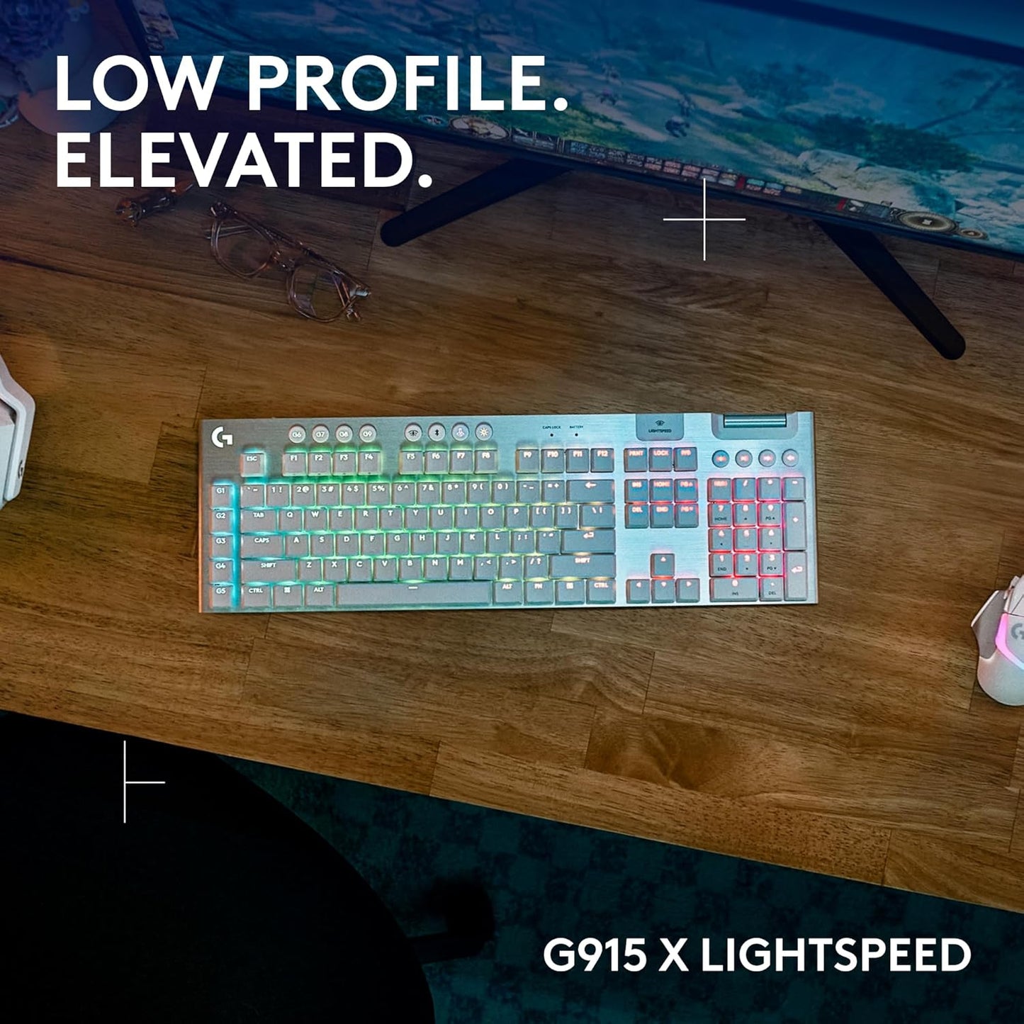 Logitech G915 X Lightspeed Wireless Mechanical Gaming Keyboard, Double-Shot PBT Keycaps, Fully Programmable Keys, RGB Backlit Mac/PC Gaming Keyboards, Aluminum Finish, GL Tactile Switches, White