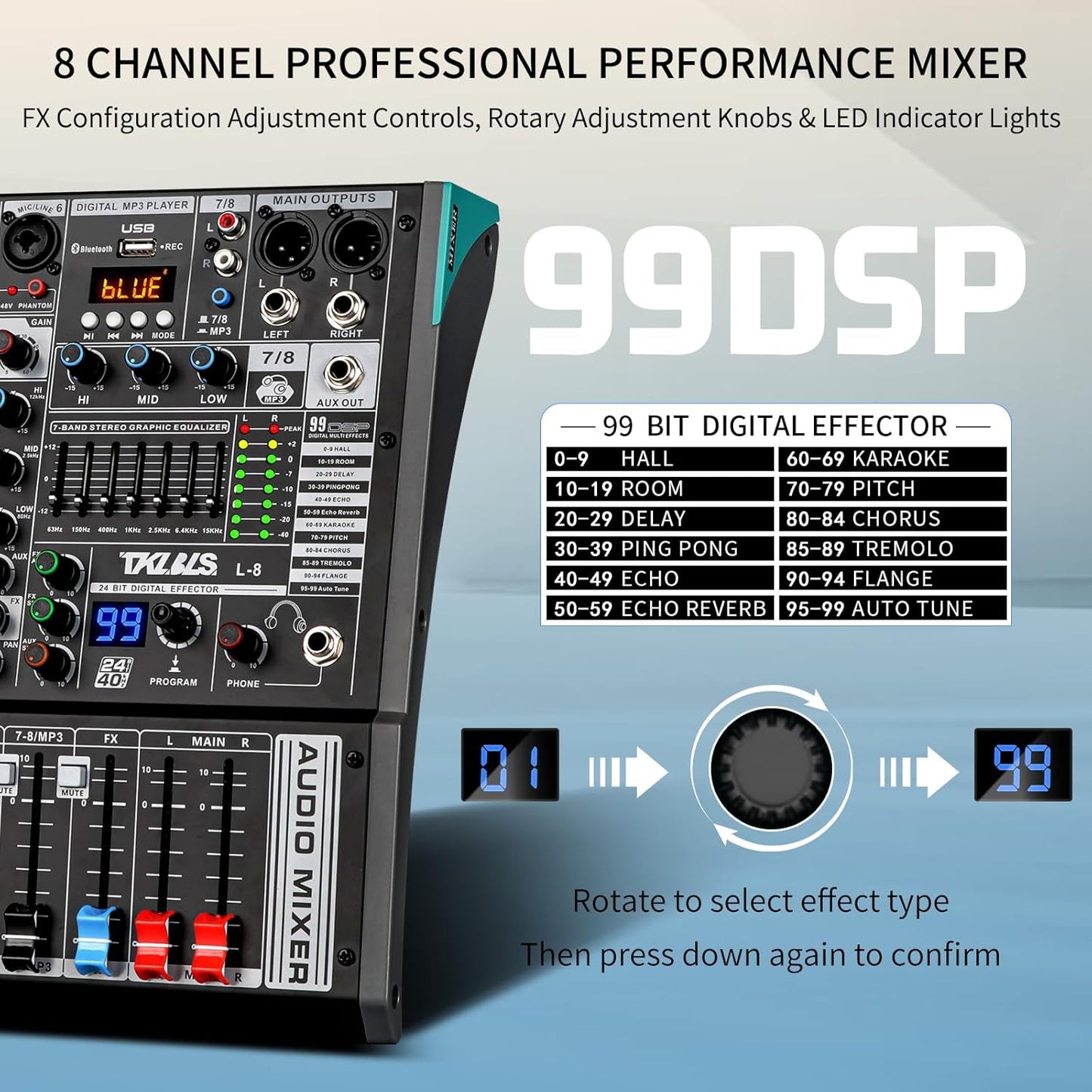 Audio Mixer, TKLBLS Professional 8 Channel DJ Mixer Board with 99-Bit DSP, Sound Board Mixing Console 7-Band EQ Output, USB Audio Interface, Bluetooth 48V Phantom Power For Karaoke Studio Streaming